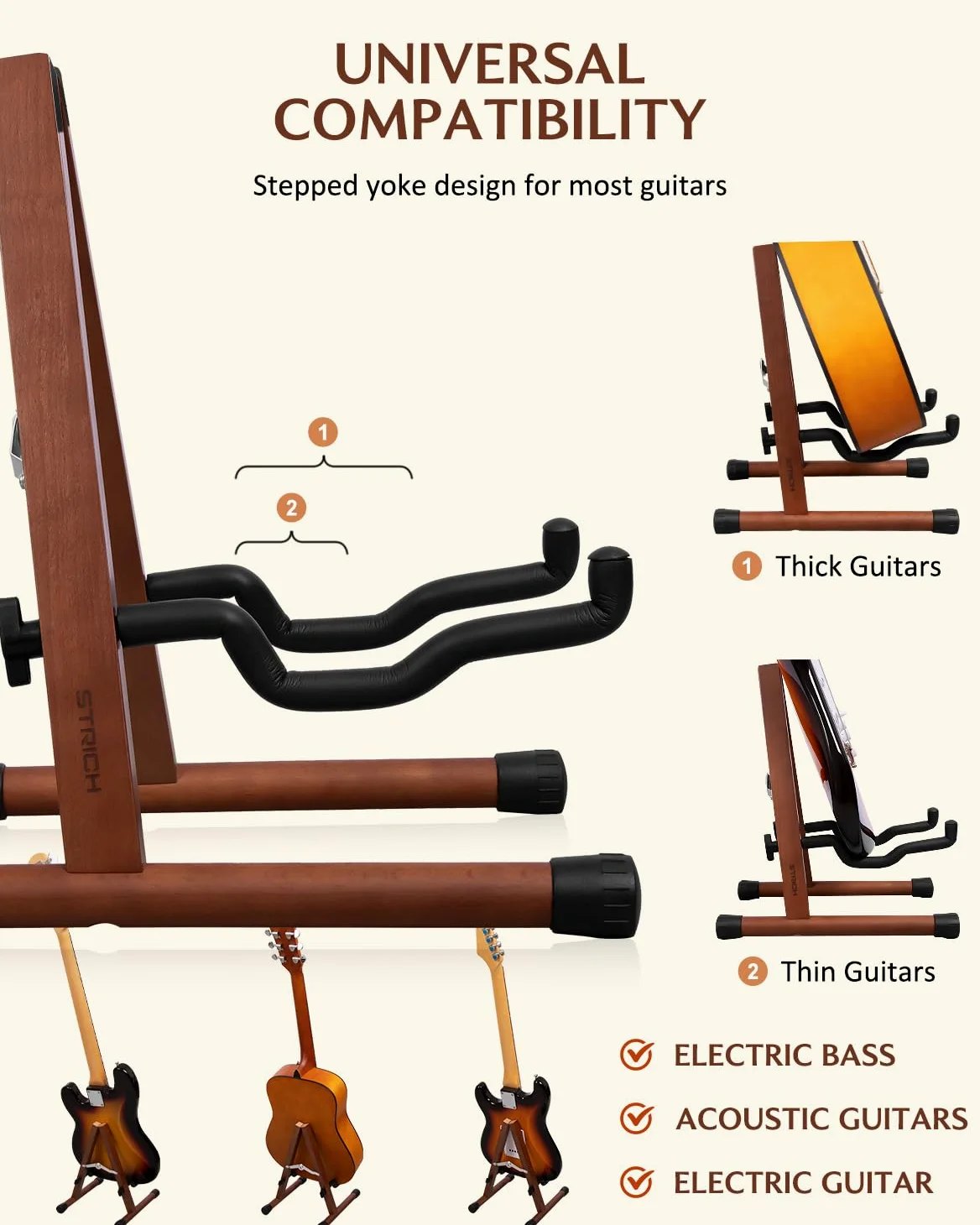 STRICH Supporto per chitarra in legno, pieghevole, stile A, per chitarra acustica, elettrica, da pavimento, per basso, violoncello, mandolino, banjo (colore noce)