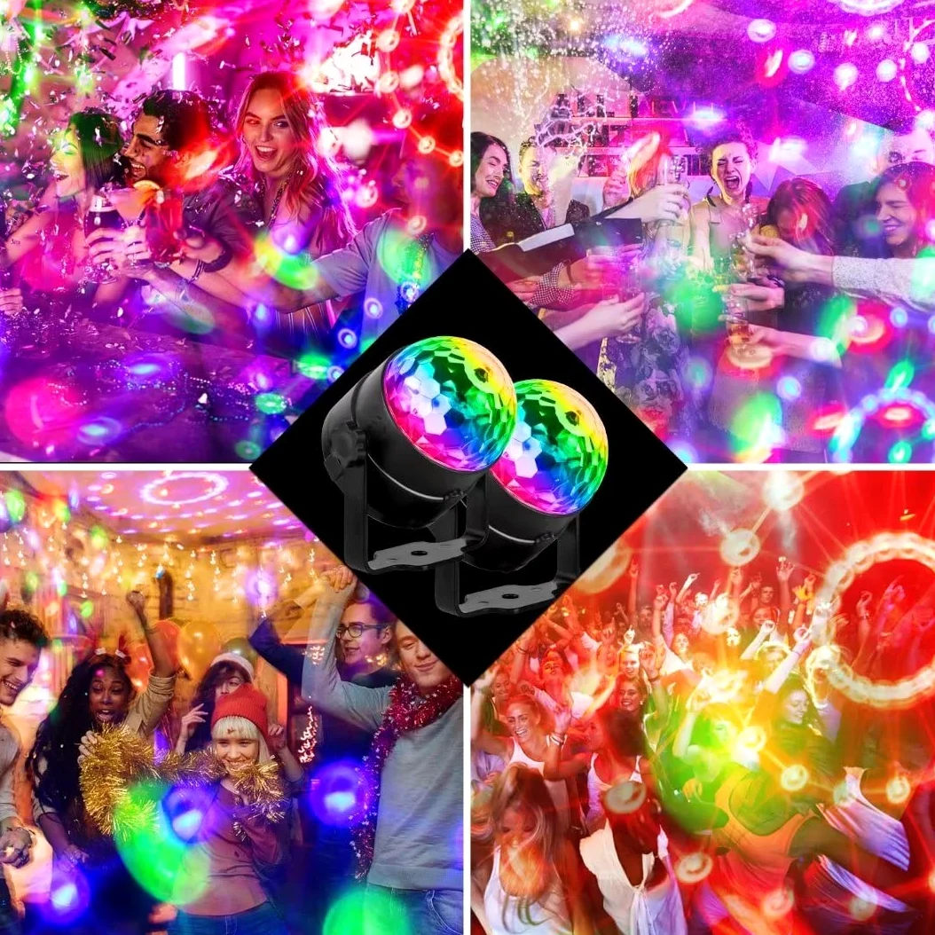 Sfera da discoteca, 2 pezzi, controllata dalla musica, luci per feste, 360°, rotanti, luci per palcoscenico, luce per effetto DJ stroboscopio con telecomando per Natale, Halloween, compleanni, club