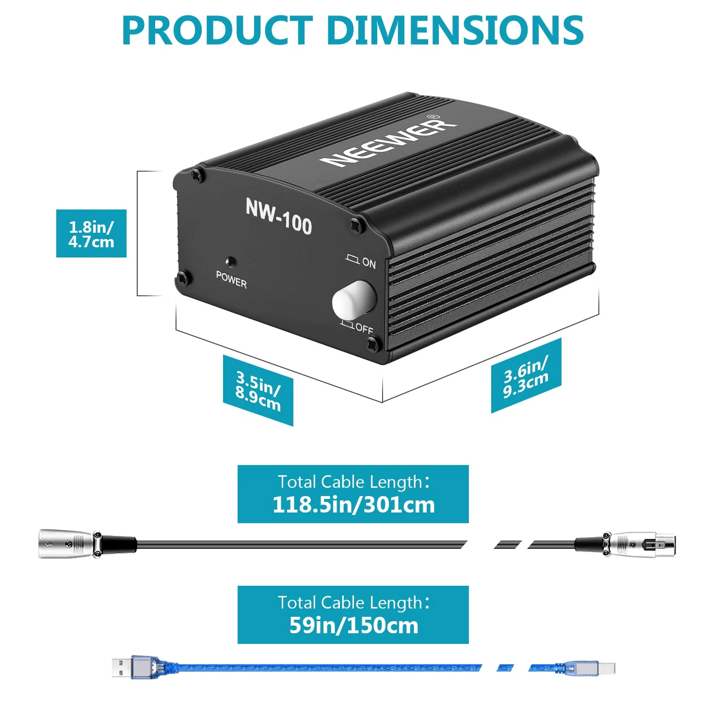 Neewer Alimentazione 48V Phantom 1 Canale con 1,5m Cavo USB & Cavo Microfono 3 Pin XLR per Qualsiasi Microfono a Condensatore Impianto di Registrazione Musicale