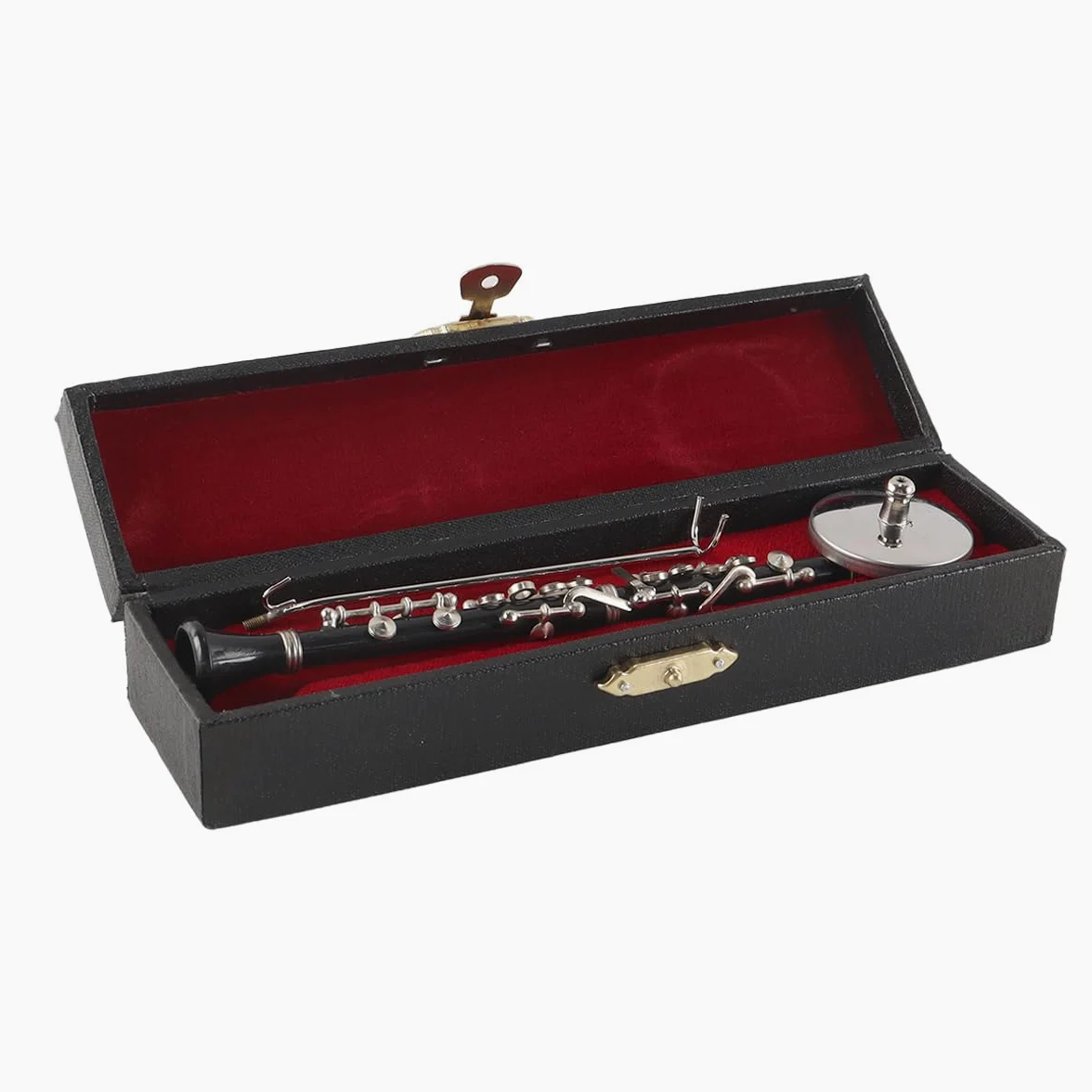 Spilla decorativa in vinile nero in metallo, modello di clarinetto basso in miniatura, 16 cm, scala 1/6, con custodia nera e supporto.