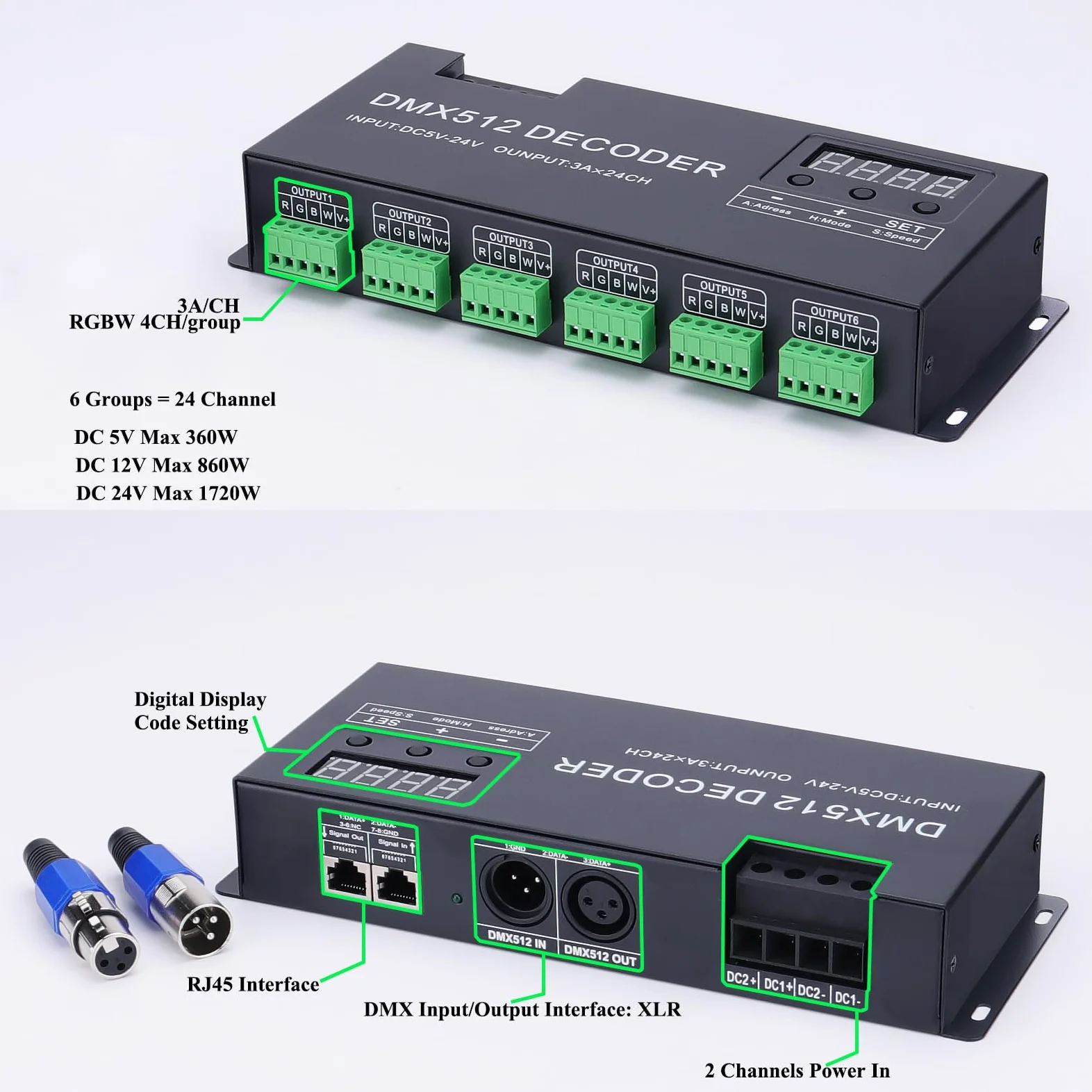 JOYLIT Display Digitale DMX LED Decoder Controller 24CH, DC 5-24V 3A/CH 4 Canali/Gruppo 6 Gruppi ad Alta Potenza DMX512 RGBW RGB Striscia Luminosa Decoder Dimmer Controller