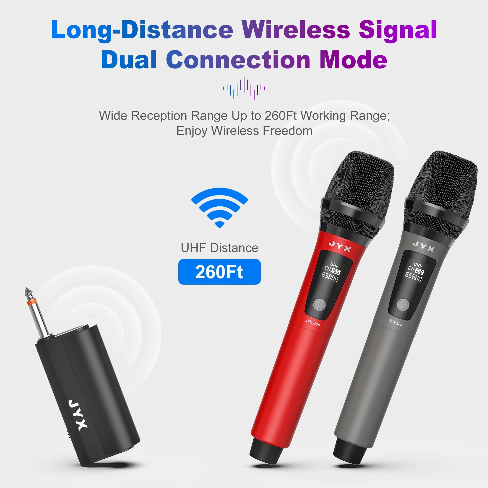 Microfoni wireless, microfono dinamico portatile wireless dual UHF con ricevitore spina da 1/4 pollici, (gamma 150 piedi), connessione automatica, microfoni karaoke ricaricabili in metallo