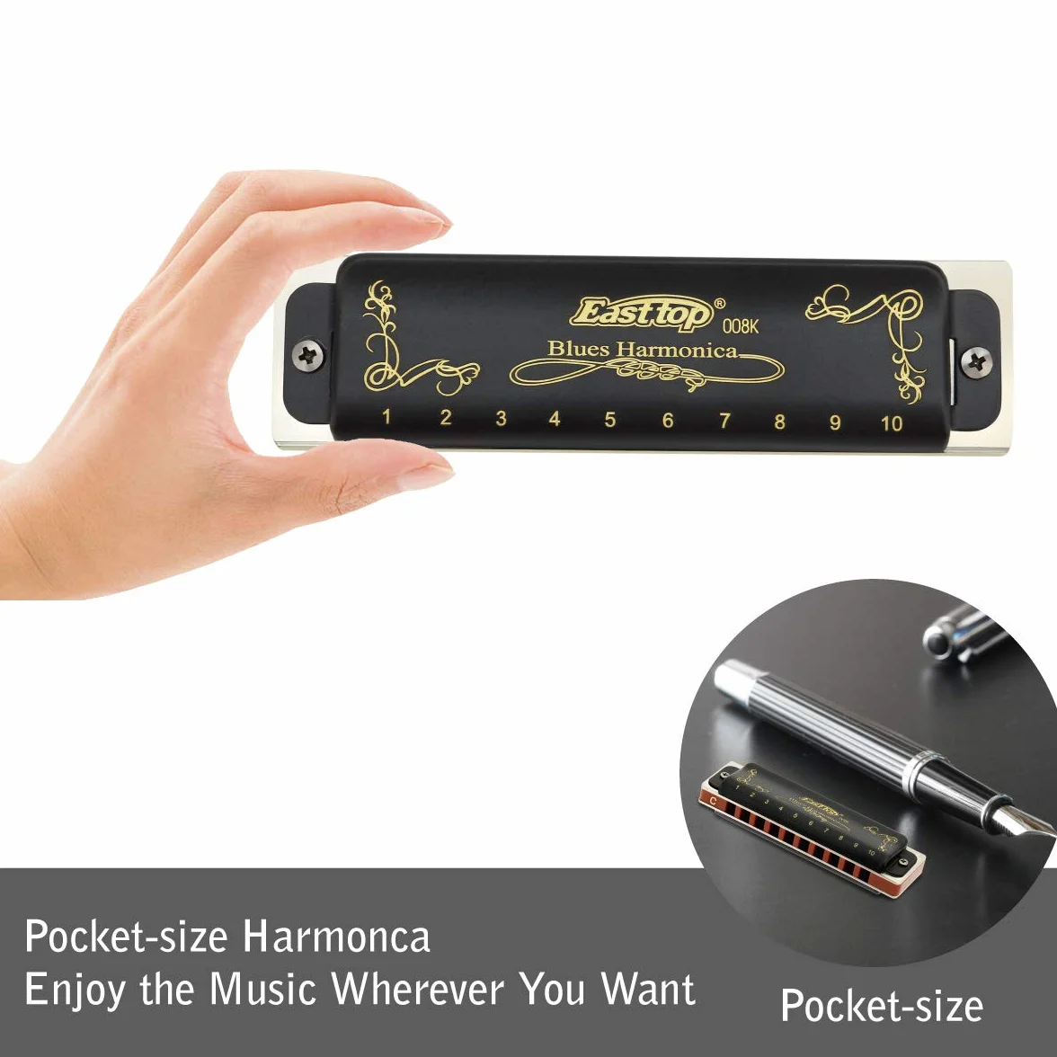 East Top Armonica a bocca diatonica Key of C 10 fori 20 toni 008K Blues Armonica a bocca con copertura nera, armonica di grado superiore per adulti, professionisti e studenti