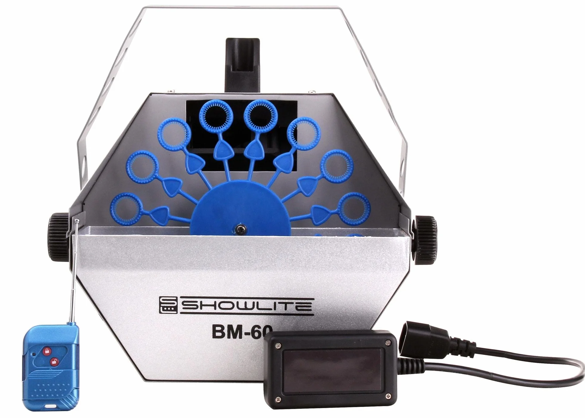 Showlite BM-60 Macchina per Bolle di Sapone 60W con Telecomando Wireless e 1L Eurolite Fluido UV blu (serbatoio 0,6l, 2-3 ore di funzionamento a serbatoio pieno, effetto festa, bolle da discoteca)