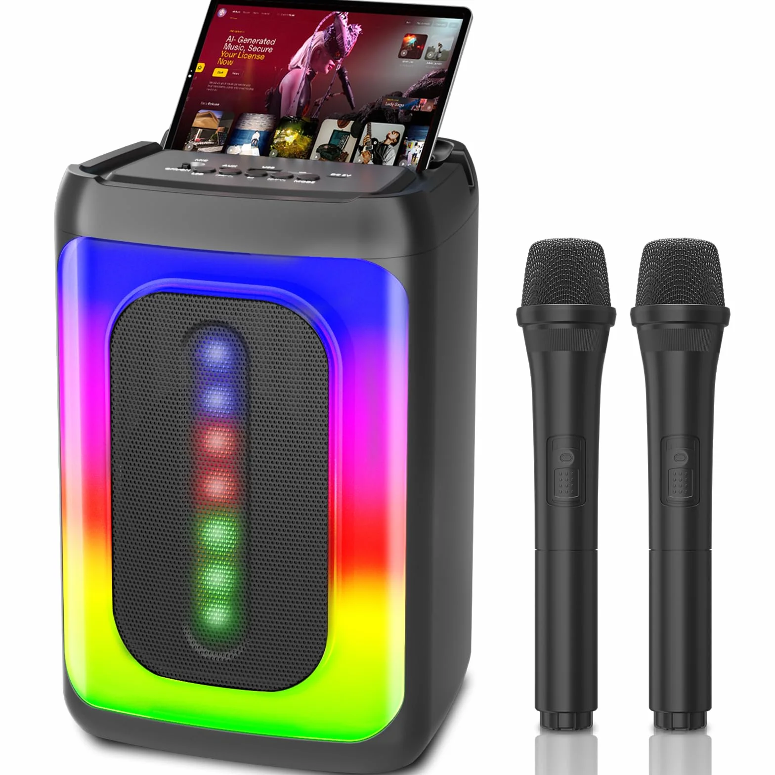 Ankuka Macchina per karaoke con 2 microfoni, altoparlante Bluetooth portatile con luci LED, TF/USB, FM, AUX, TWS, per feste e adulti, regalo per amici e familiari (nero)