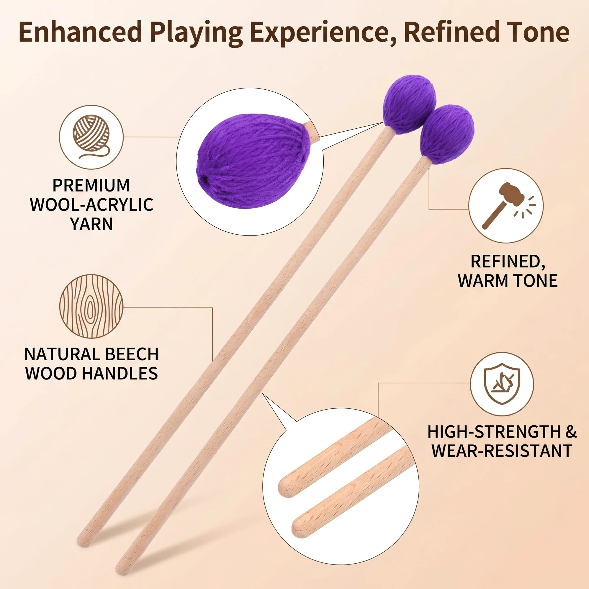 Dilwe 1 Paio di Bacchette per Bacchette Marimba a Testa Tonda in faggio con Manico per xilofono Accessori per Strumenti a percussione(Viola)