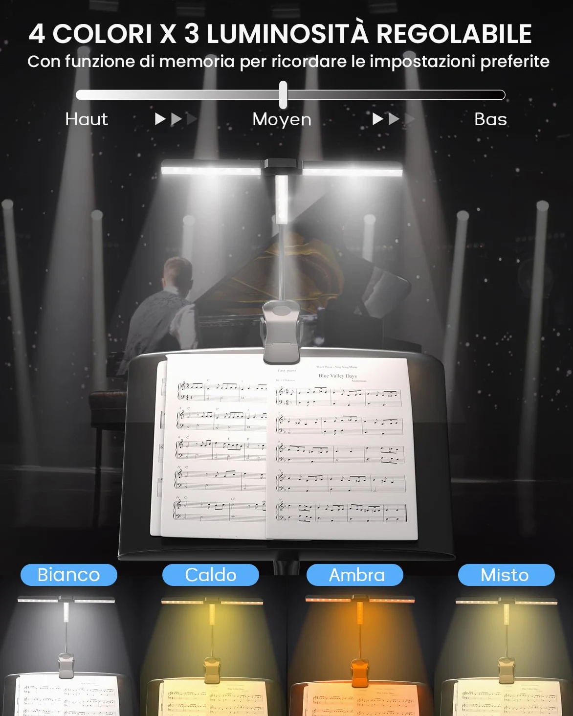 Ultra-Ampia 36CM Luce da Leggio Musicale a Pinza, 57 LED Super Luminosi, 4 Colori x 3 Luminosità, Pieghevole Forma-T Lampada Pianoforte per Spartiti e Lettura Libri, Ricaricabile USB-C