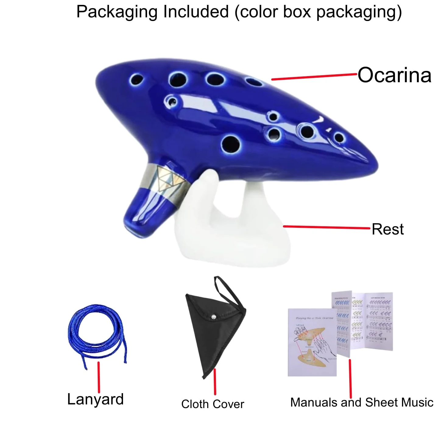 Zelda - Ocarina con libro delle canzoni della leggenda di Zelda, a 12 fori, in Do contralto, con scatola regalo, espositore a forma di mano, cordino da collo e custodia protettiva nera (blu)