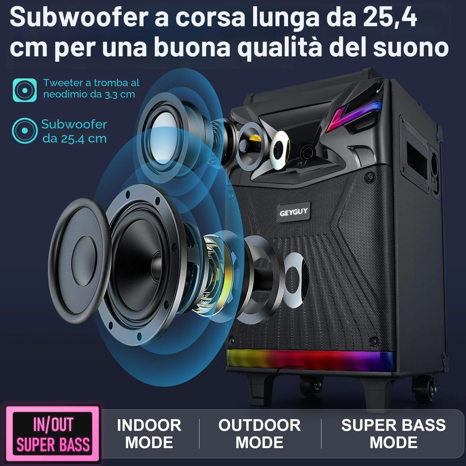 Casse karaoke professionale completo con 2 microfoni wireless, Altoparlante portatile Bluetooth con Luci per feste, Woofer da 10" Sistema PA, effetti sonori/luci DJ/radio FM GTSK10-1
