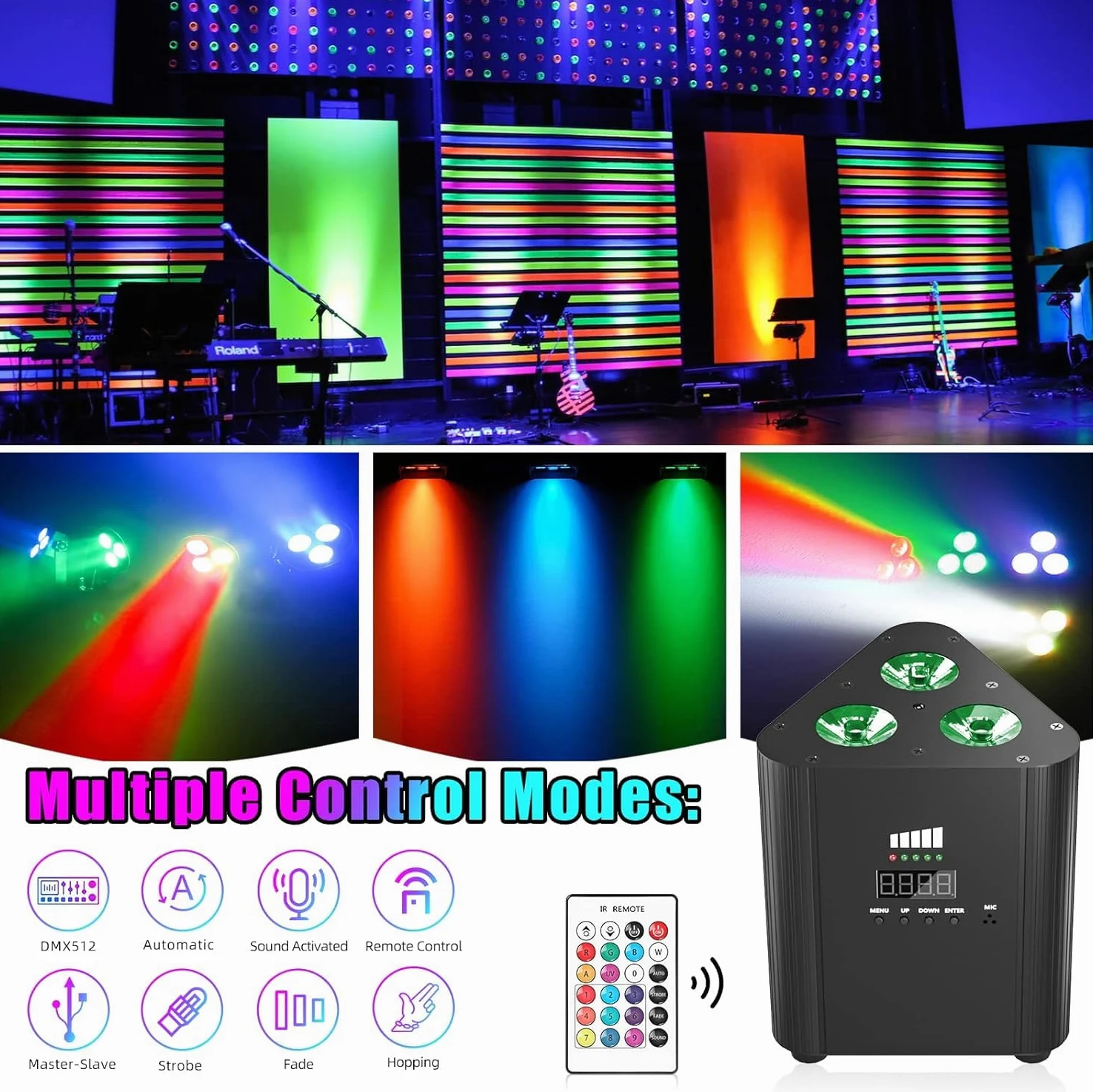 RGBW - Proiettore a LED ricaricabile batteria 4400 mAh, telecomando/controllo DMX, illuminazione da palco senza fili con indicatore di carica luce DJ per festa di Natale discoteca matrimonio