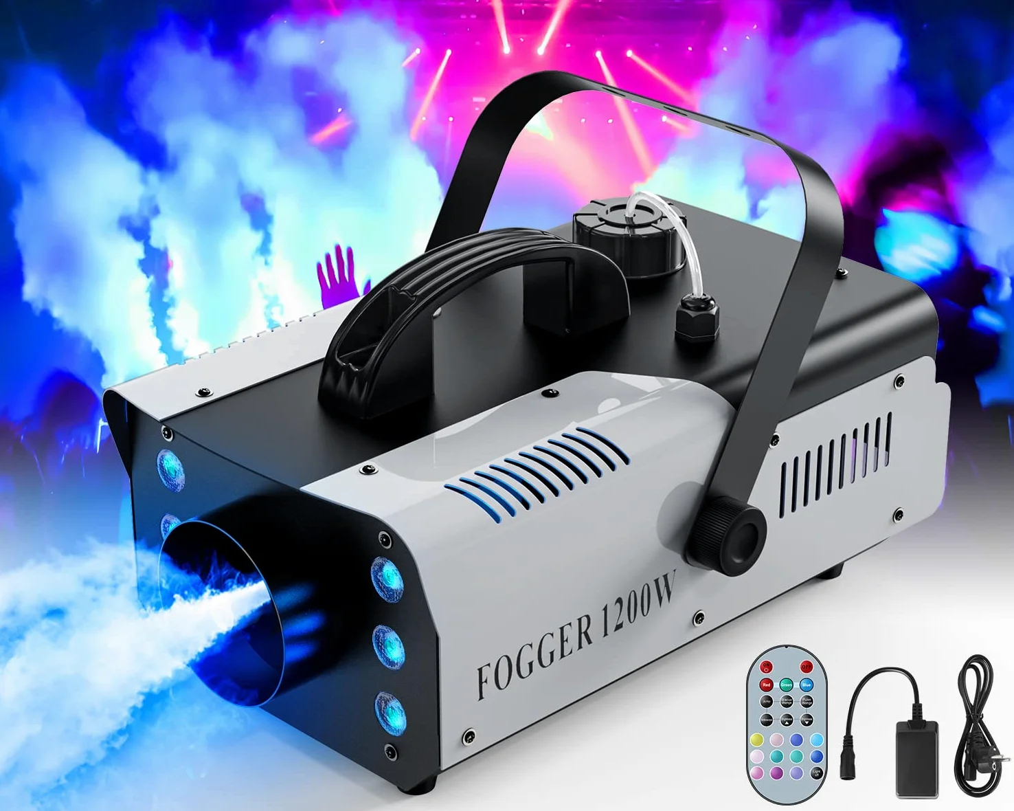 Macchina del Fumo Portatile, 1200W 6 RGB 3 in 1 Macchina Fumo Discoteca con Telecomando Wireless, Fog Machine per Halloween DJ Club Feste Nozze Natale e Effetti su Palco