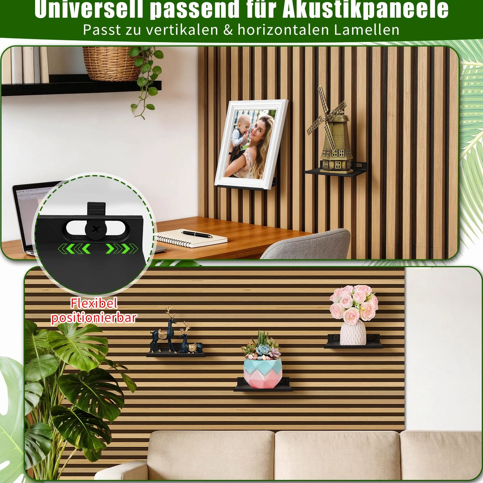 Meetory Scaffale per pannelli acustici - Set da 2 accessori per pannelli acustici senza foratura per pannelli verticali e orizzontali, organizer da parete, mensola da parete per soggiorno, camera da