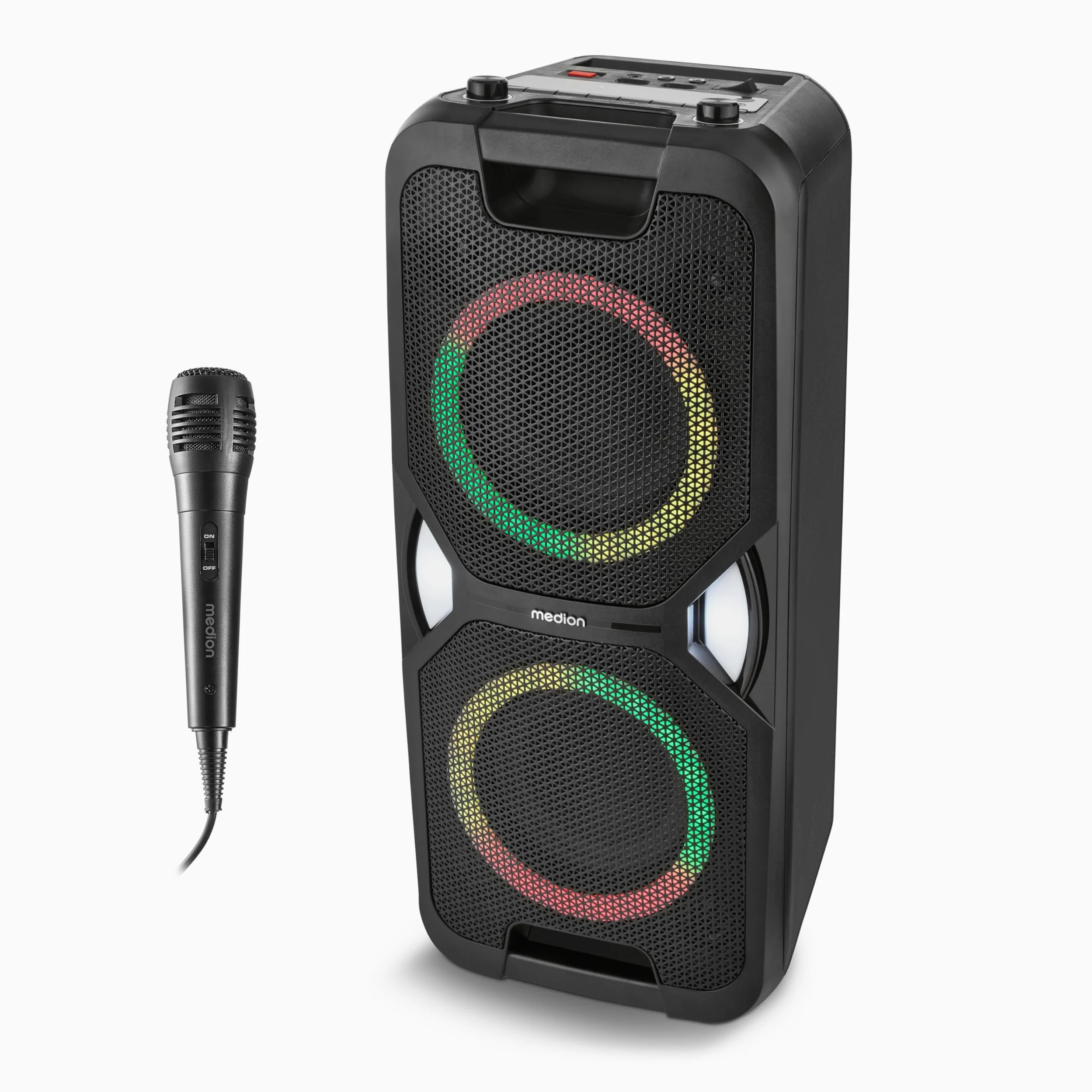MEDION PE-1 Pure Partybox (batteria, con microfono, altoparlante Bluetooth portatile grande, cassa musicale con effetti luminosi, altoparlante party con karaoke, 2 ingressi microfono, AUX, USB, radio)