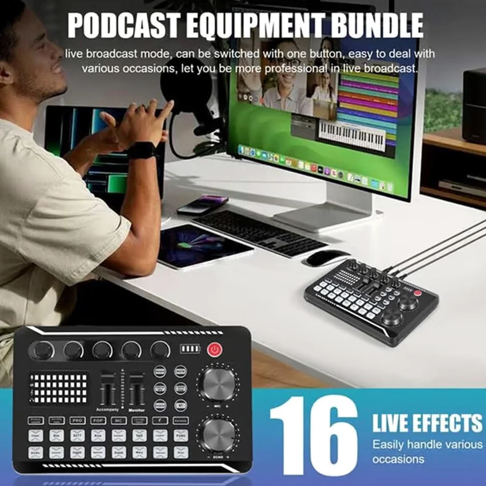 Scheda Audio Live con Effetti di Mixer e Cambiatore di Voce, F998 Mixer Audio, Scheda Audio Professionale con Luce LED, Molteplici Effetti Sonori e Cambiatore di Voce per Streaming,Black