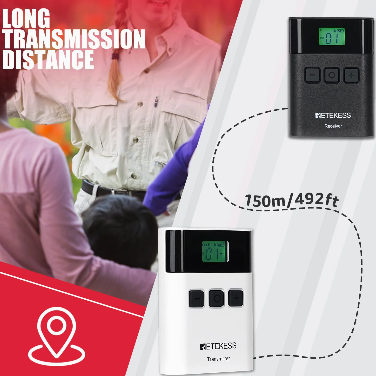 Retekess TT122 Sistema di Guida Turistica, 150m, 2.4G, 1500mAh Audio Wireless Apparecchiatura di Traduzione a 36 Canali, con Scatola di Ricarica a 32 Slot TT015 per Fabbrica, Turismo, Conferenza