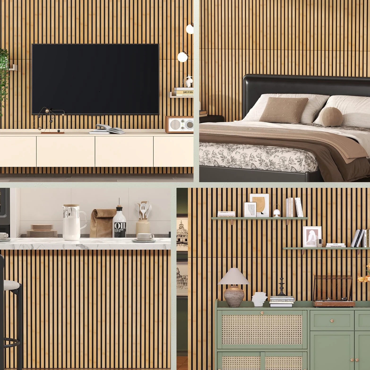 TONOR Set di 4 Pannelli Fonoassorbenti in Bambù Per Pareti, 110 x 52 x 1,7 cm Pannelli Acustici a Doghe Con Adesivo Completo, Pannello Insonorizzante per Parete Tv, Arredamento D'Interni, Casa, Porte