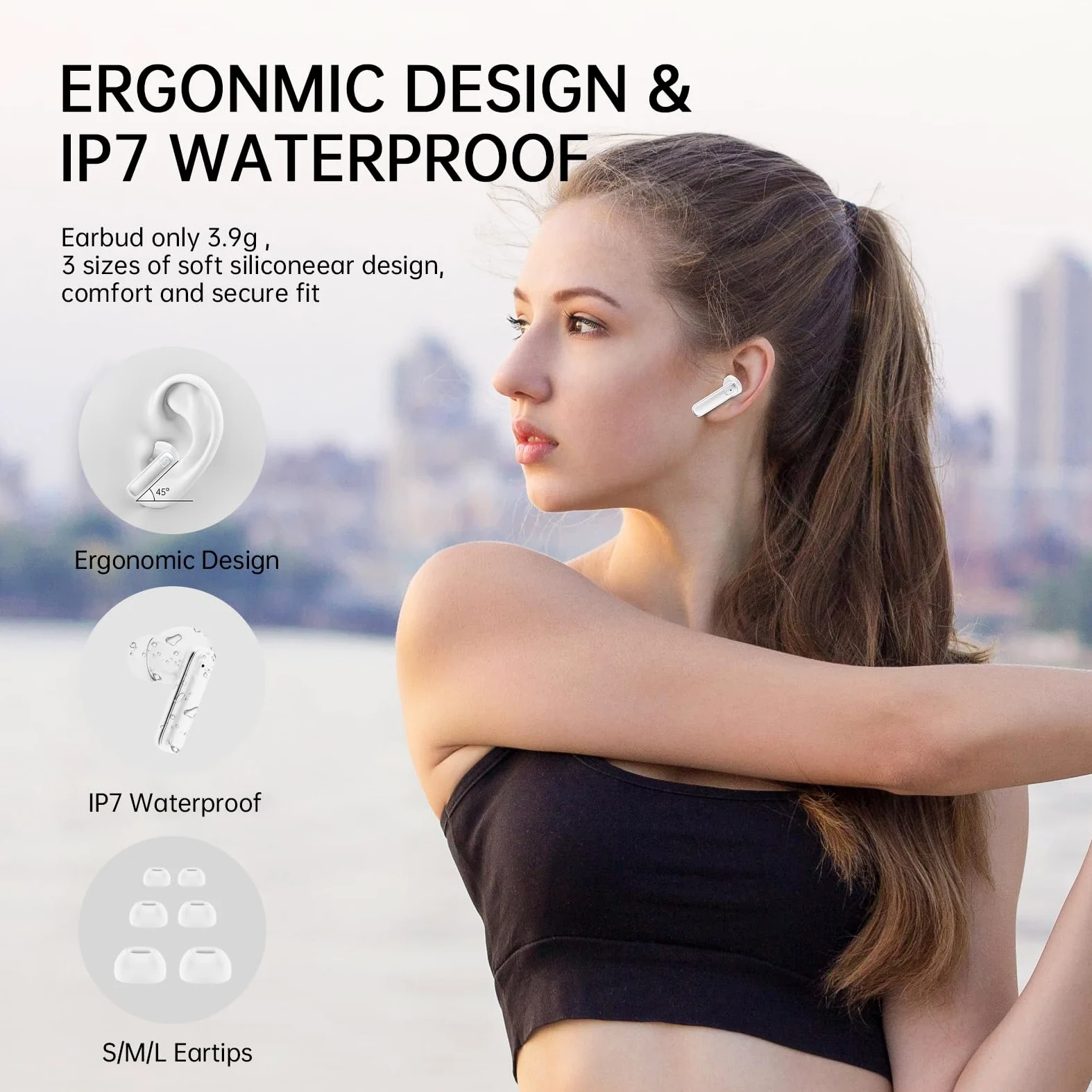 Cuffie Bluetooth, Auricolari Bluetooth 5.3 Stereo HiFi con 4 ENC HD Mic Cancellazione Rumore, Cuffie Wireless Bluetooth 40H LED Display Cuffiette in Ear IP7 Impermeabil, Cuffie Senza Fili USB-C Bianco