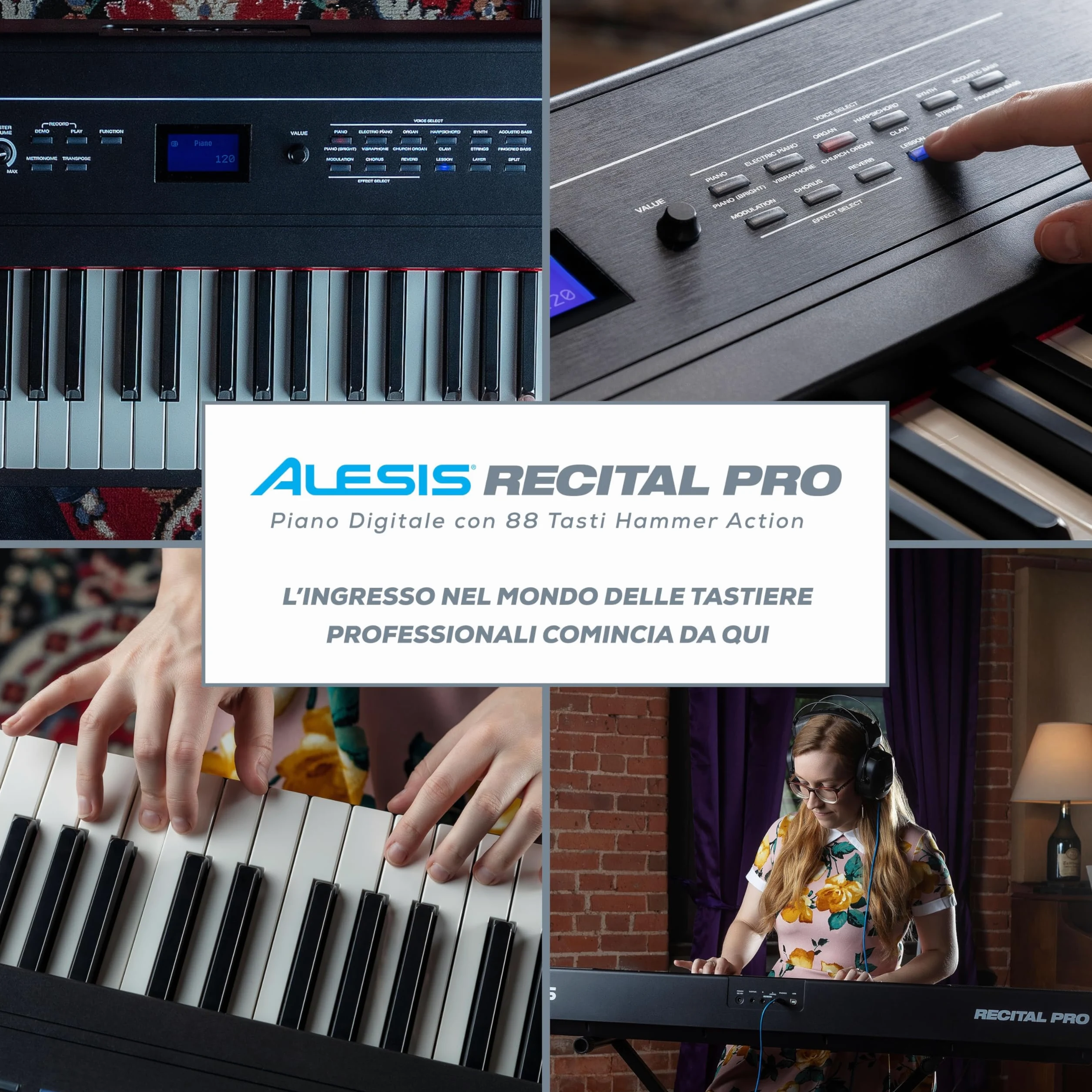 Alesis Recital Pro - Pianoforte Digitale 88 Tasti Pesati/Pianola con Casse Integrate da 20W, Presa Cuffie, 12 Suoni, Alimentatore e Lezioni Online