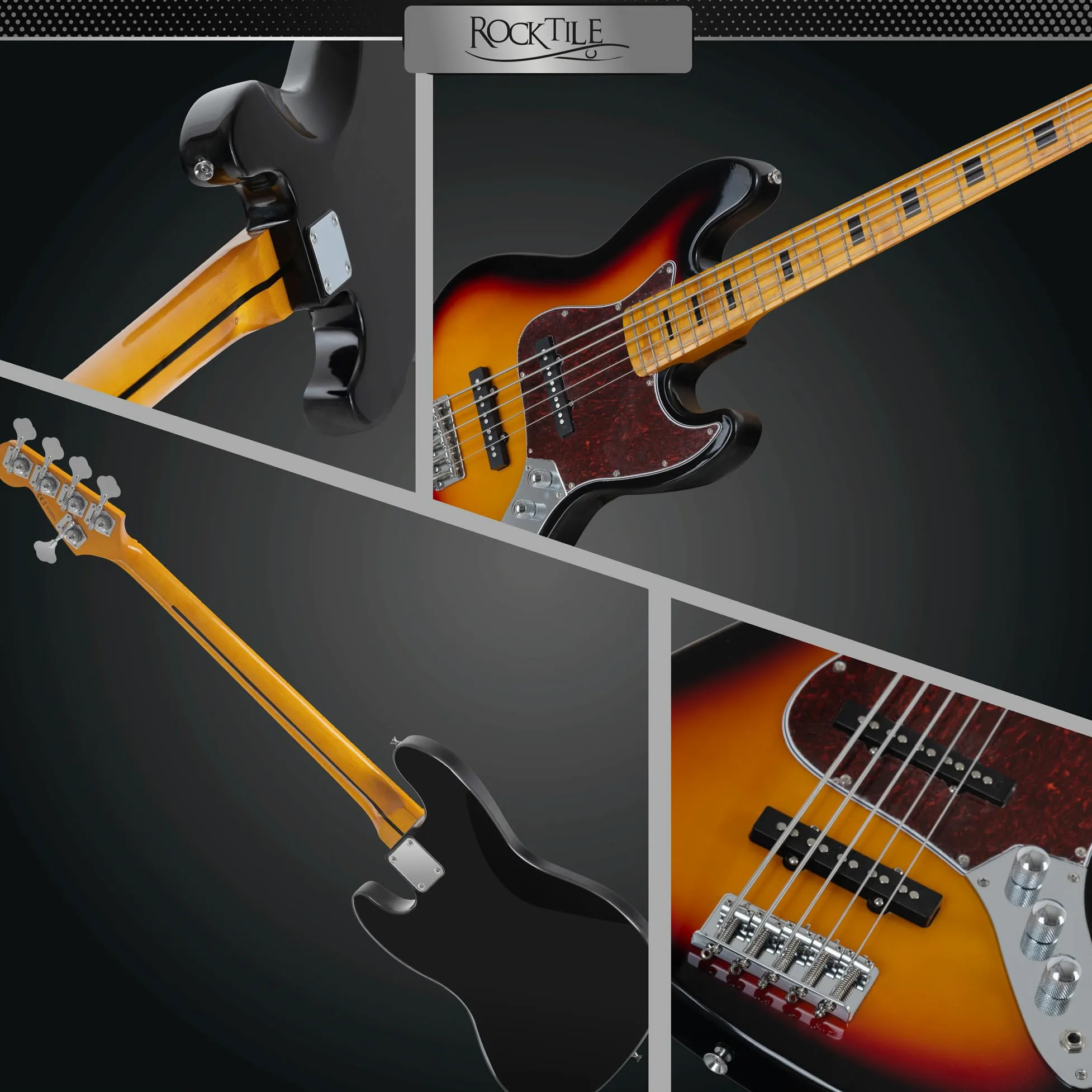 Rocktile Pro JBS50-SB Basso Elettrico - Basso 5 corde stile JB con corpo in tiglio - manico in acero e tastiera in acero - 2x Single Coil pickup - 2x Volume, 1x Tone - Mensura 34" - Sunburst