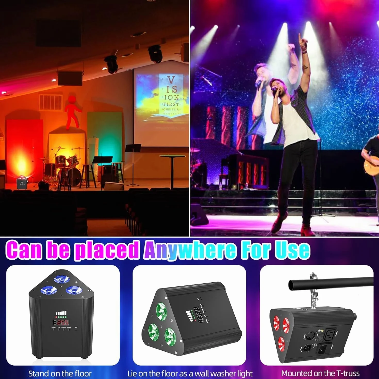 RGBW - Proiettore a LED ricaricabile batteria 4400 mAh, telecomando/controllo DMX, illuminazione da palco senza fili con indicatore di carica luce DJ per festa di Natale discoteca matrimonio