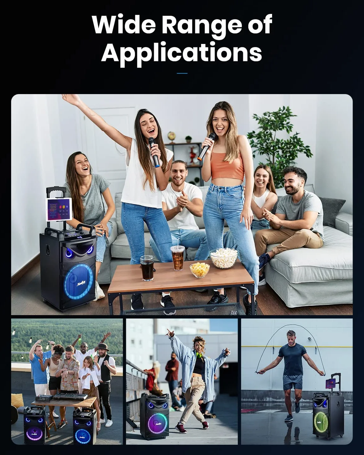Moukey Casse Karaoke con 2 Microfoni wireless, Altoparlante portatile Bluetooth con Luci per feste, Regolazione di eco/alti/bassi, Woofer da 12 pollici Sistema PA Supporto TWS/REC/AUX IN/MP3/USB/TF/FM