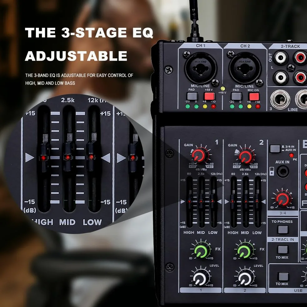 BOMGE Mixer audio karaoke 04E, mixer a 4 canali con doppio microfono wireless UHF, console audio MP3, Bluetooth 48 V, alimentazione phantom, interfaccia audio USB, mixaggio per DJ per feste, computer,
