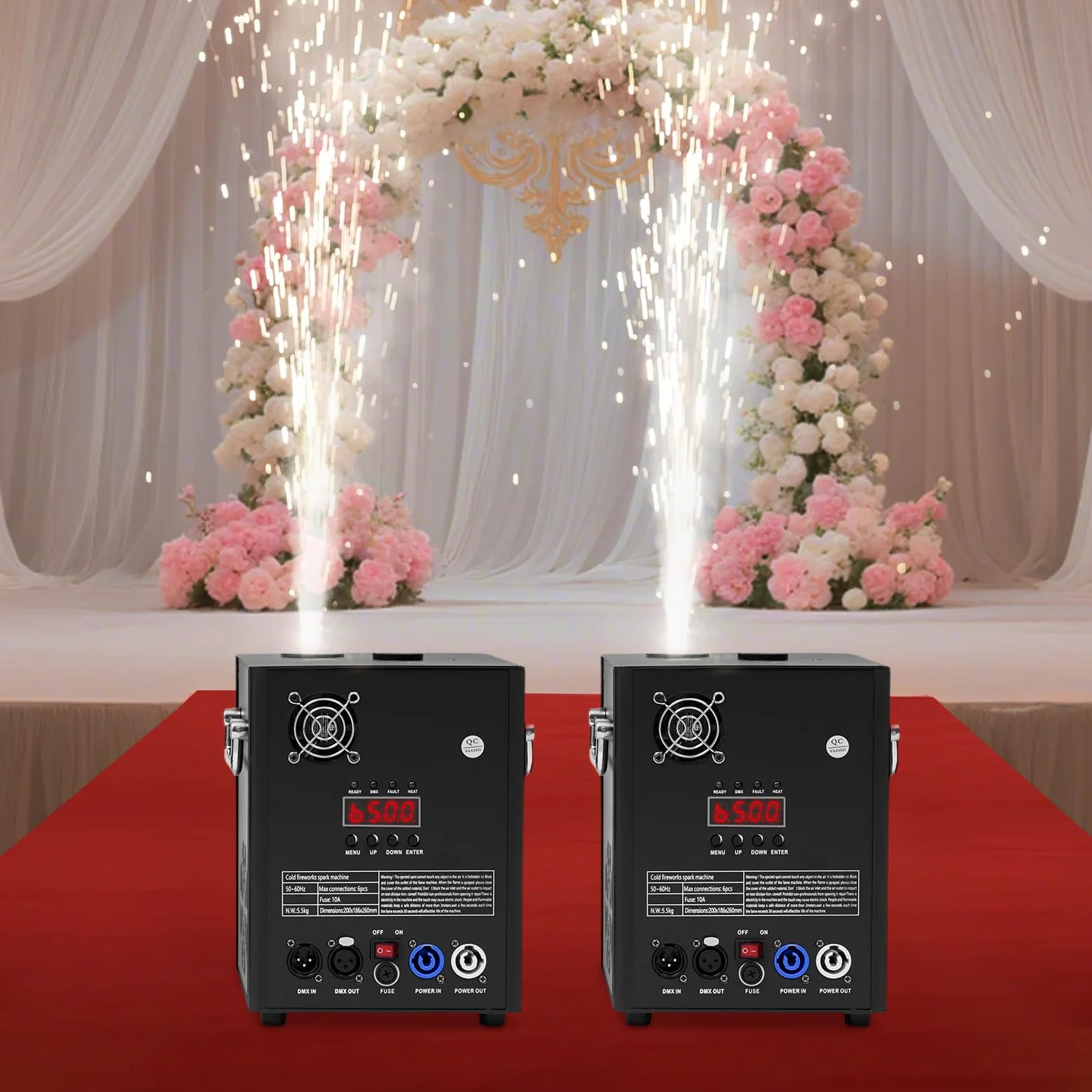 Set di 2 macchine pirotecniche con valigetta, 750 W, fuochi d'artificio freddi, DMX512 e telecomando, macchina da palcoscenico regolabile in altezza per matrimoni, feste, DJ, concerti, colore nero