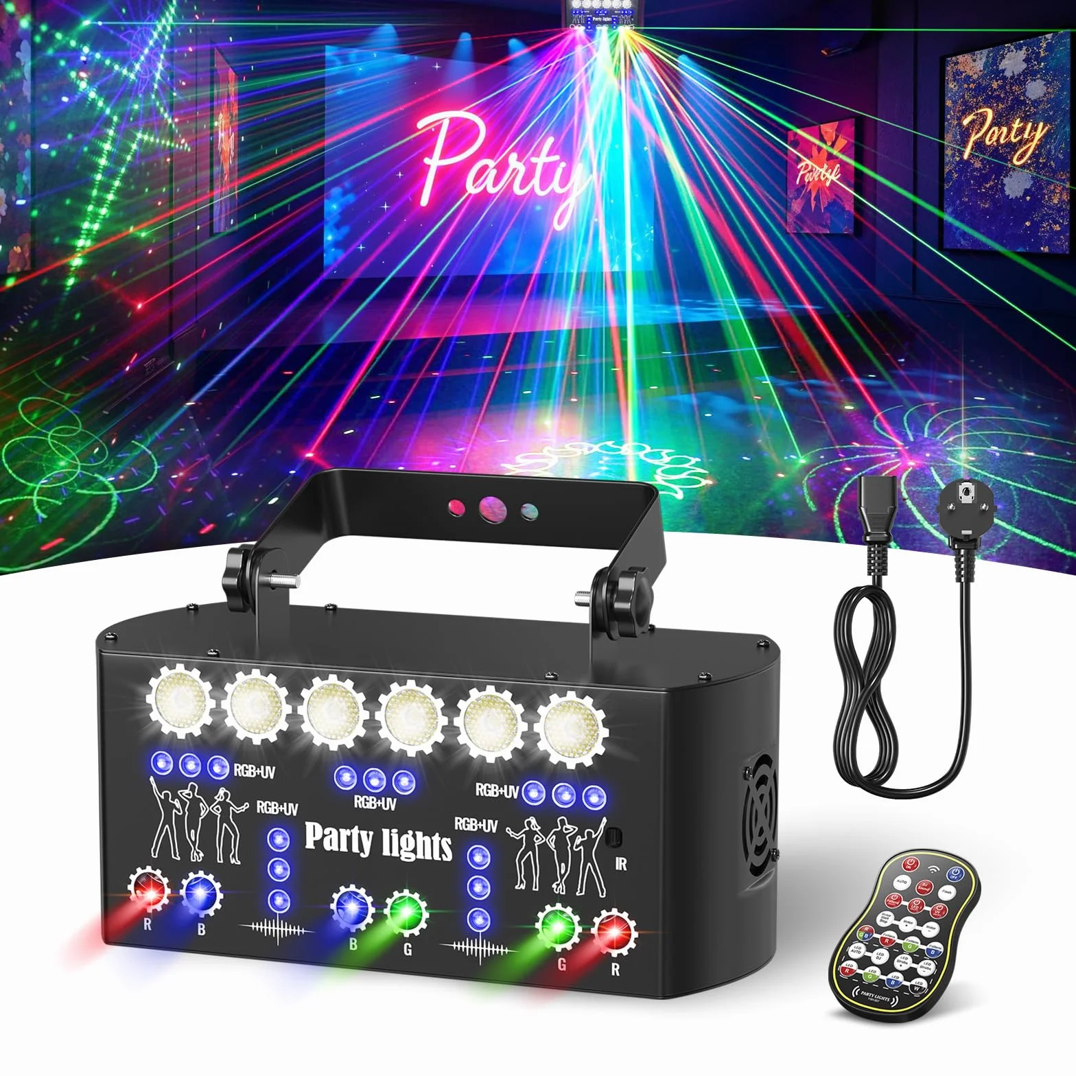 Luci Discoteca DJ RGBW & UV con DMX, Telecomando, 3 Velocità Motore, 4 Modi Stroboscopici, Proiettore Laser per Party, Disco e Decorazioni per Feste