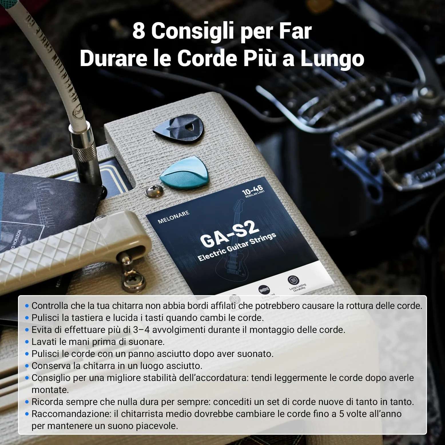 MELONARE Corde per chitarra elettrica, estremità a sfera, avvolgimento in acciaio nichelato, anima esagonale e rivestimento antiruggine, 10–46 Regular Light, confezione da 10 (GA-S2-10)