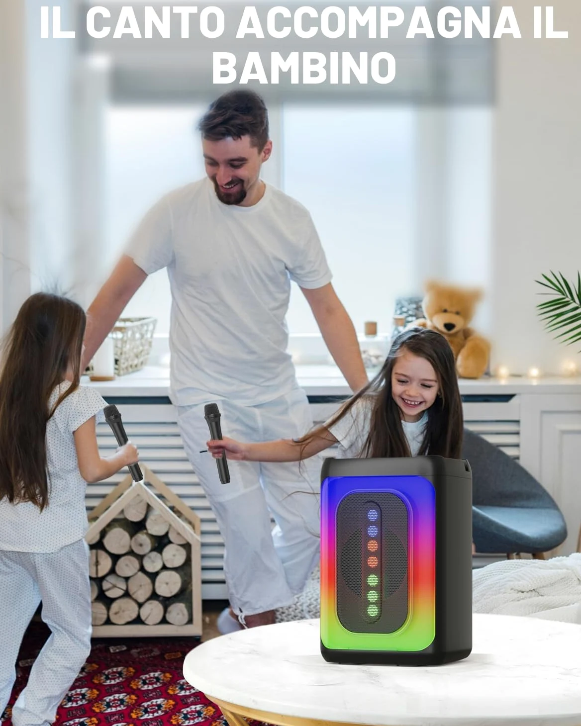 Ankuka Macchina per karaoke con 2 microfoni, altoparlante Bluetooth portatile con luci LED, TF/USB, FM, AUX, TWS, per feste e adulti, regalo per amici e familiari (nero)