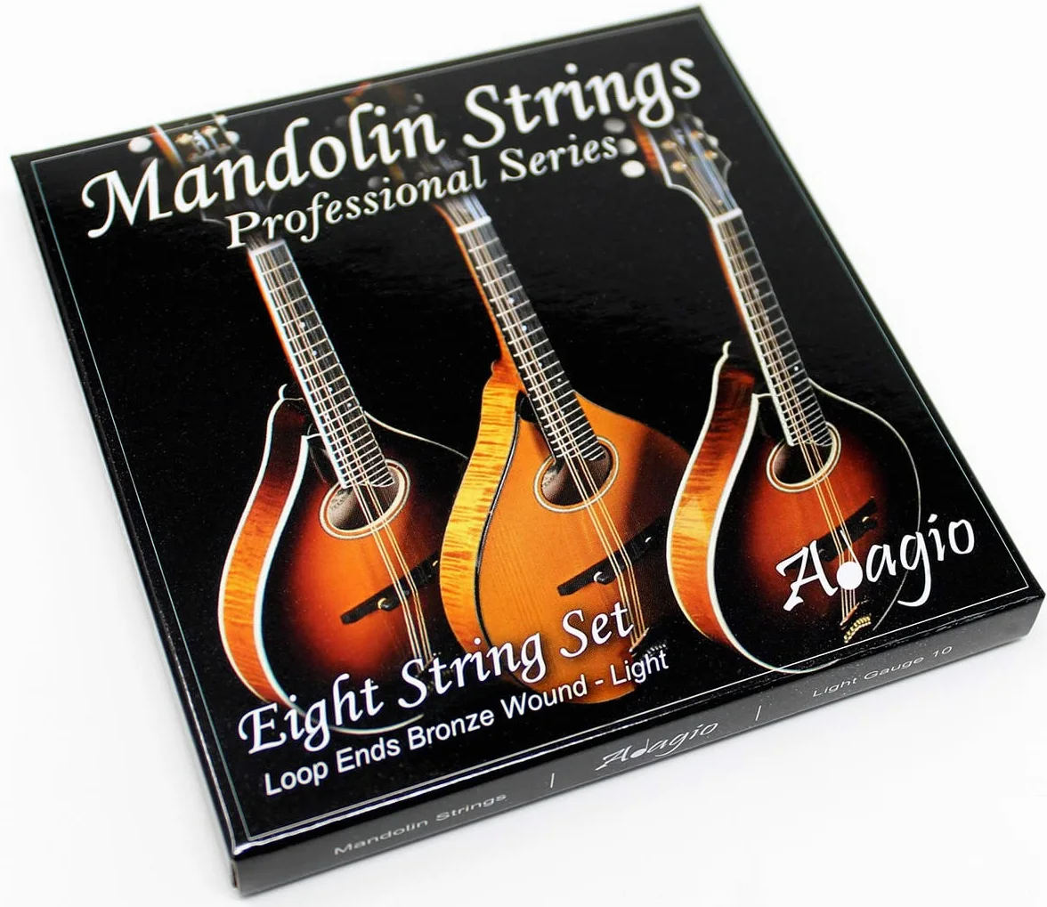 Adagio Pro - Set di corde per mandolino con ferita in bronzo fosforoso (luce standard, 010 - .034 con set di estremità Easy Fit, lunghezza lunga 74,9 cm