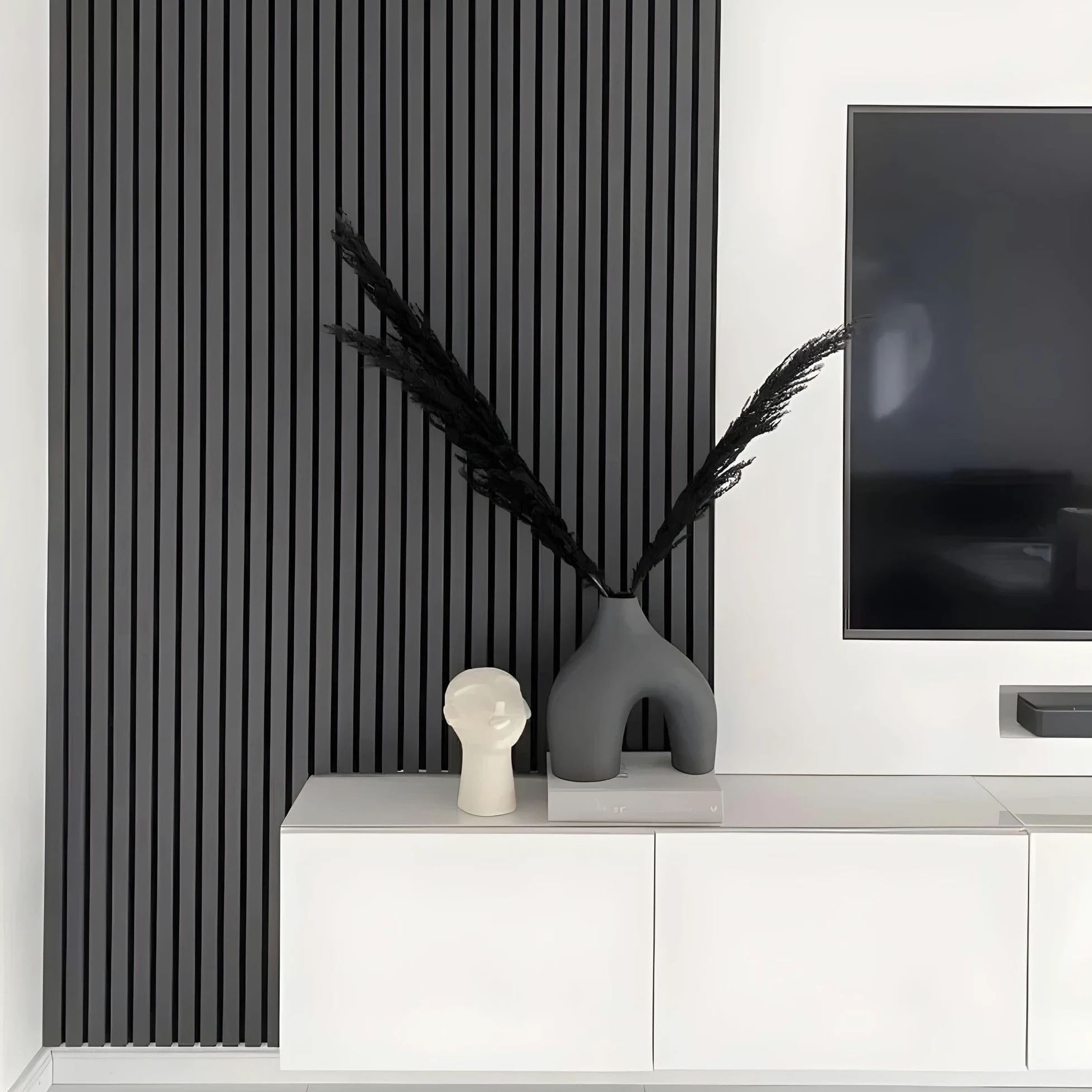 HEXIM Pannelli Acustici 138,5x60cm - Parete a Lamelle Flessibile Legno MDF Pannelli Murali Rivestimento a Lamelle Rivestimento Murale (8 pannelli / 6,64 m² Black Lead - APH05)