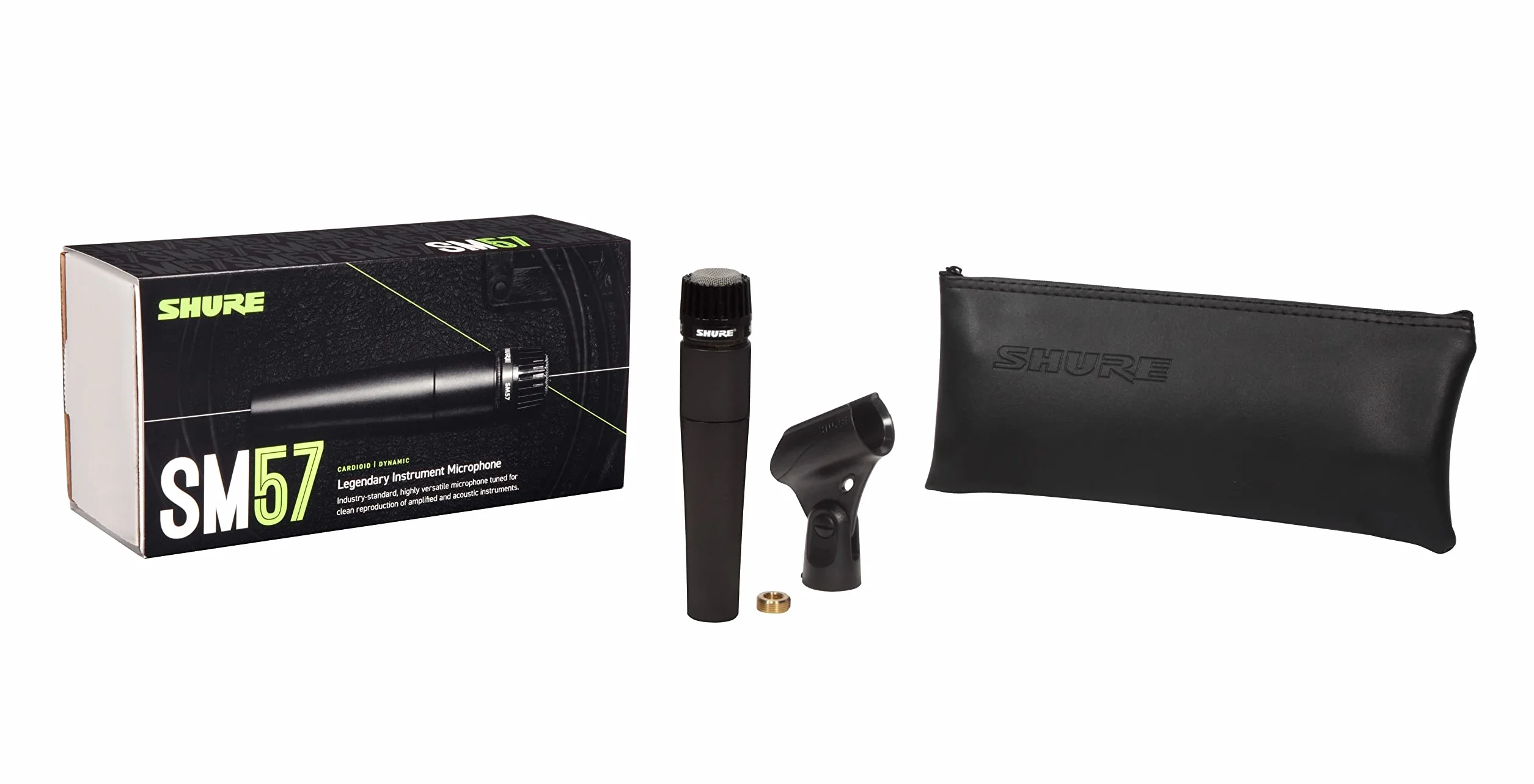 Shure SM57 Microfono strumento cardioide dinamico con supporto per shock pneumatico, clip microfono A25D, borsa di archiviazione, connettore XLR a 3 pin, nessun cavo incluso (SM57-LCE)