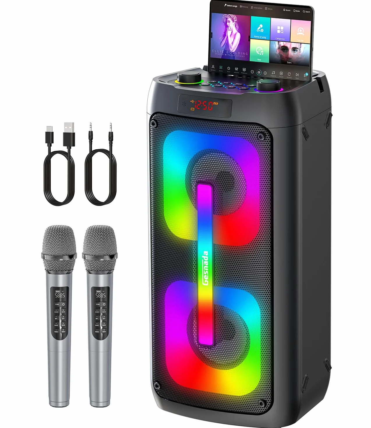 Macchina per Karaoke per, altoparlante Bluetooth Portatile con 2 Microfoni Wireless Sistema PA con luci da discoteca, ideale per grandi feste all'aperto, con supporto USB/TF/REC/AUX