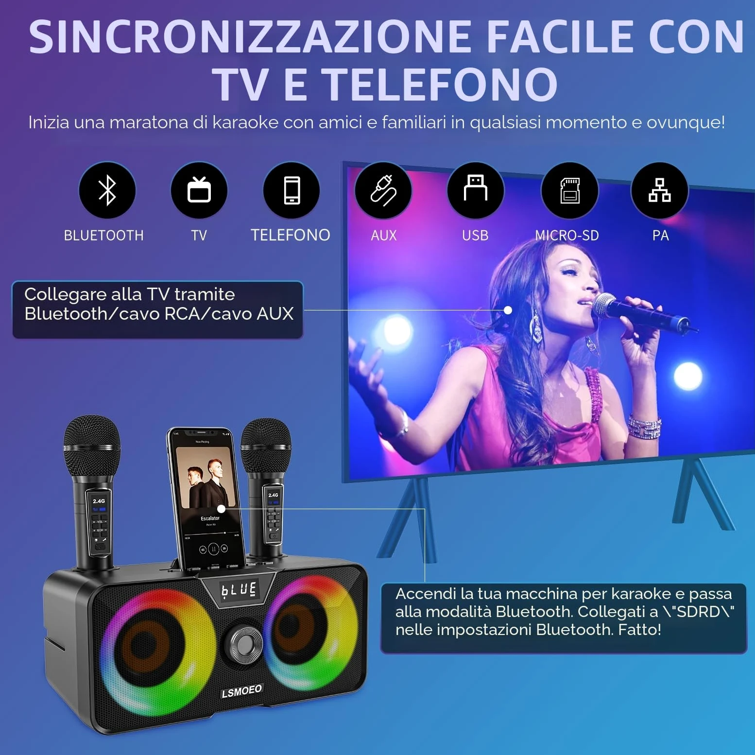 Casse Karaoke Portatile, Tutto-in-Uno Karaoke Professionale Completo con Cassa Bluetooth da 20W, 2 Microfoni Karaoke Wireless e Slot per Microfono Ricaricabile, Ideale per Karaoke Domestico