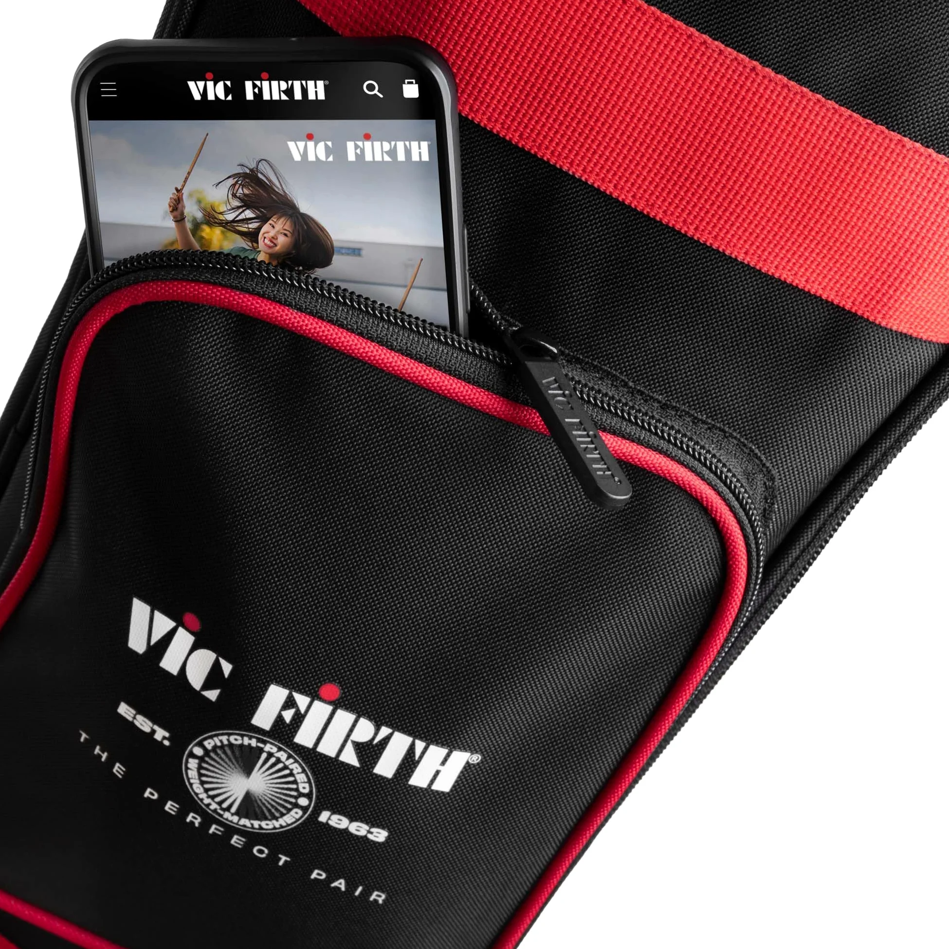 VIC FIRTH - VXSB0042 Protege Stick Bag Black, Borsa per Bacchette da Batteria, Compatta e Resistente, Colori Nero e Rosso