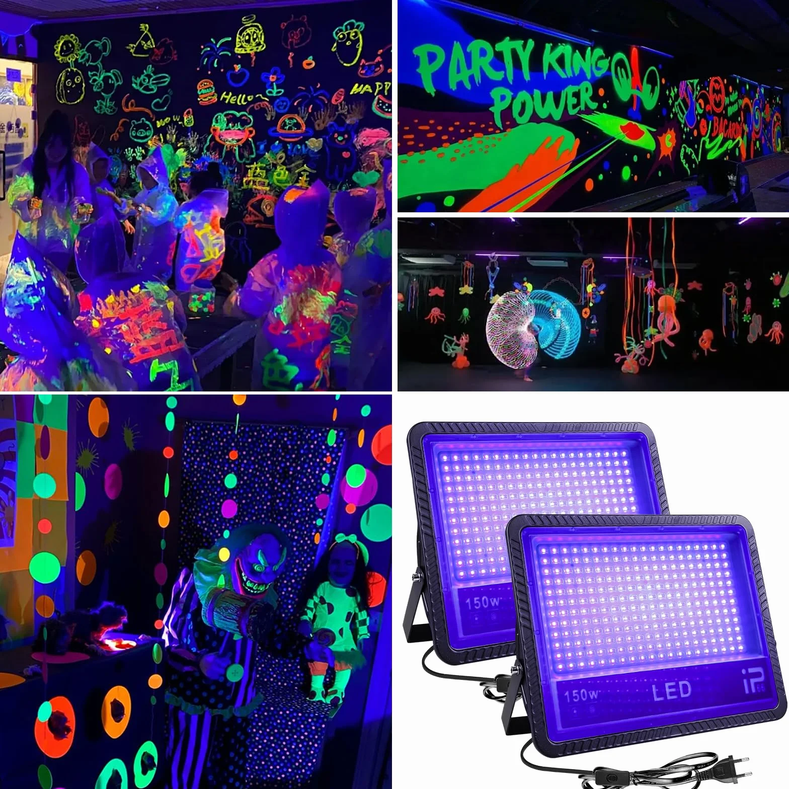 Luce UV nera: 2 luci LED da 150 W, IP66, impermeabili, 385 – 400 NM, luce nera, per feste, eventi all'aperto, feste di colore nero, feste (230 x 170 x 28 mm)