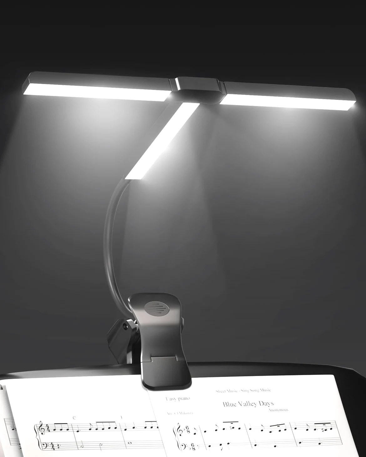 Ultra-Ampia 36CM Luce da Leggio Musicale a Pinza, 57 LED Super Luminosi, 4 Colori x 3 Luminosità, Pieghevole Forma-T Lampada Pianoforte per Spartiti e Lettura Libri, Ricaricabile USB-C