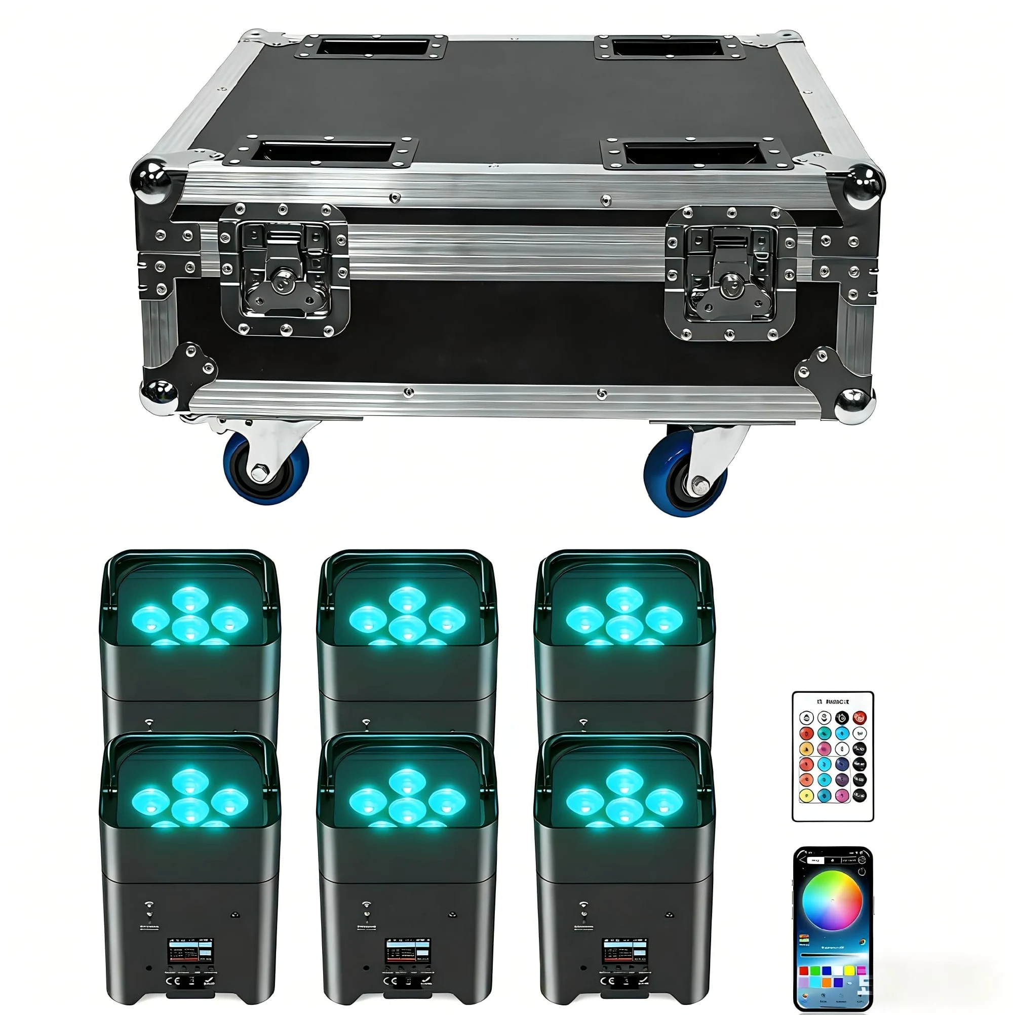 Proiettore PAR LED 108 W, 6 pezzi con flightcase RGBWA + UV, batteria ricaricabile 9600 mAh, telecomando/applicazione/WiFi/DMX, ideale per feste, DJ, Natale, bar, compleanni
