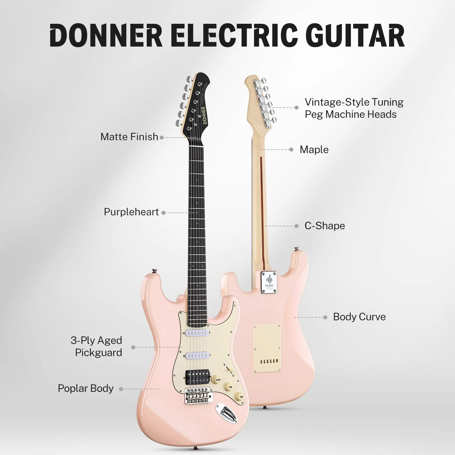 Donner Set di chitarre elettriche a grandezza naturale, pickup HSS Coil Split, chitarra ST a corpo solido da 39 pollici per principianti con borsa, tracolla, cavo (serie Designer, rosa retrò)