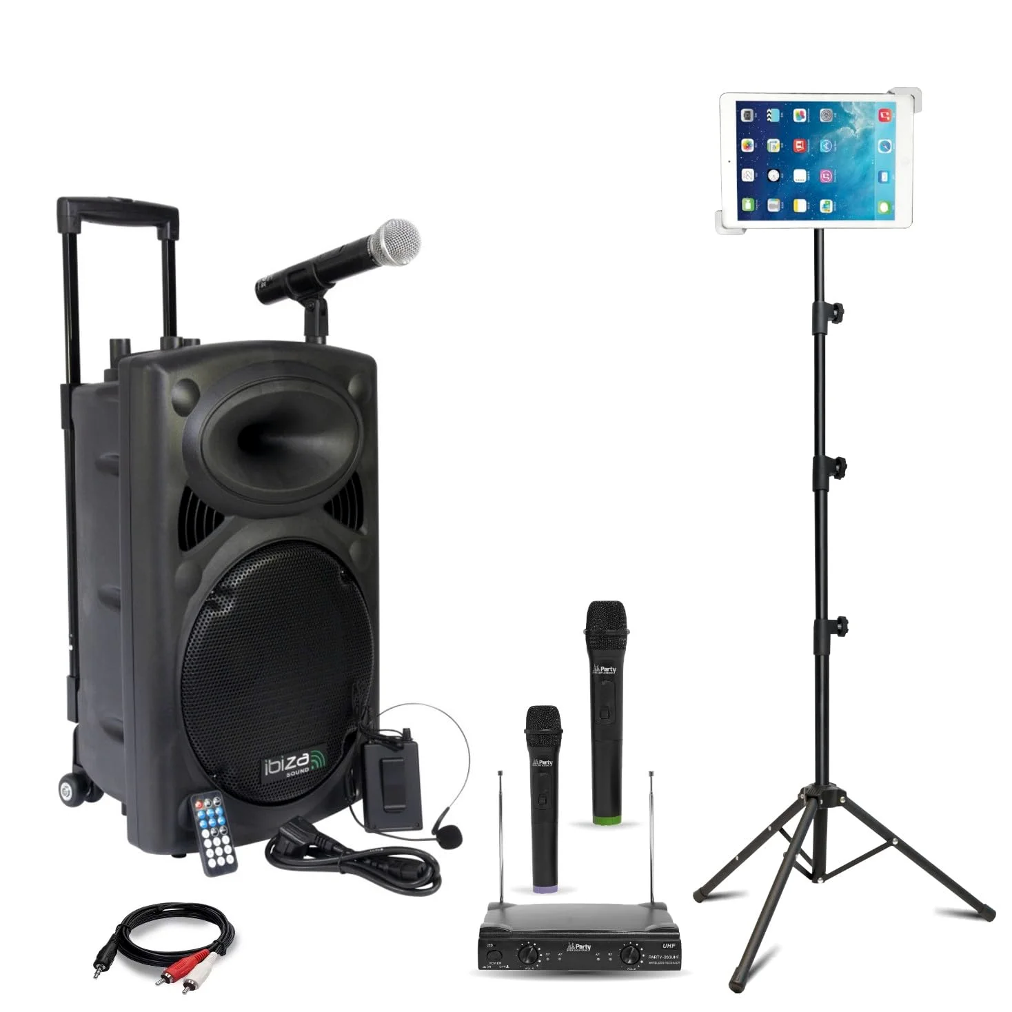 Ibiza - Pacchetto Karaoke Altoparlante portatile USB Bluetooth Ibiza PORT12VHF-BT 700W 4 microfoni senza fili - Supporto tablet SMM20 - Serata Sono