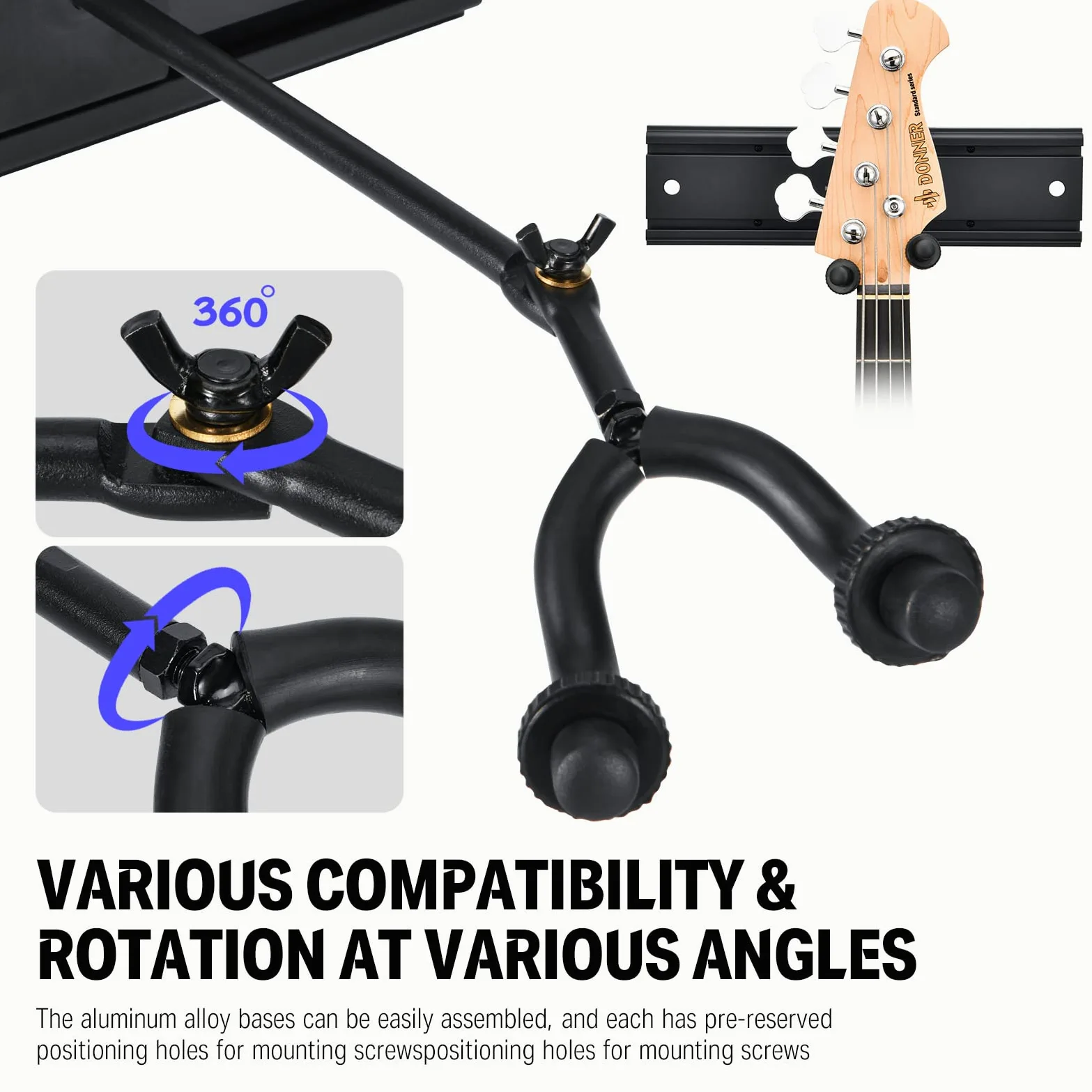 Donner 5 Guitar Wall Rack Supporto per Montaggio a Parete per Chitarra Nero con 5 Ganci per Chitarra Regolabili per Chitarre Elettriche Acustiche, Basso, Folk Ukulele