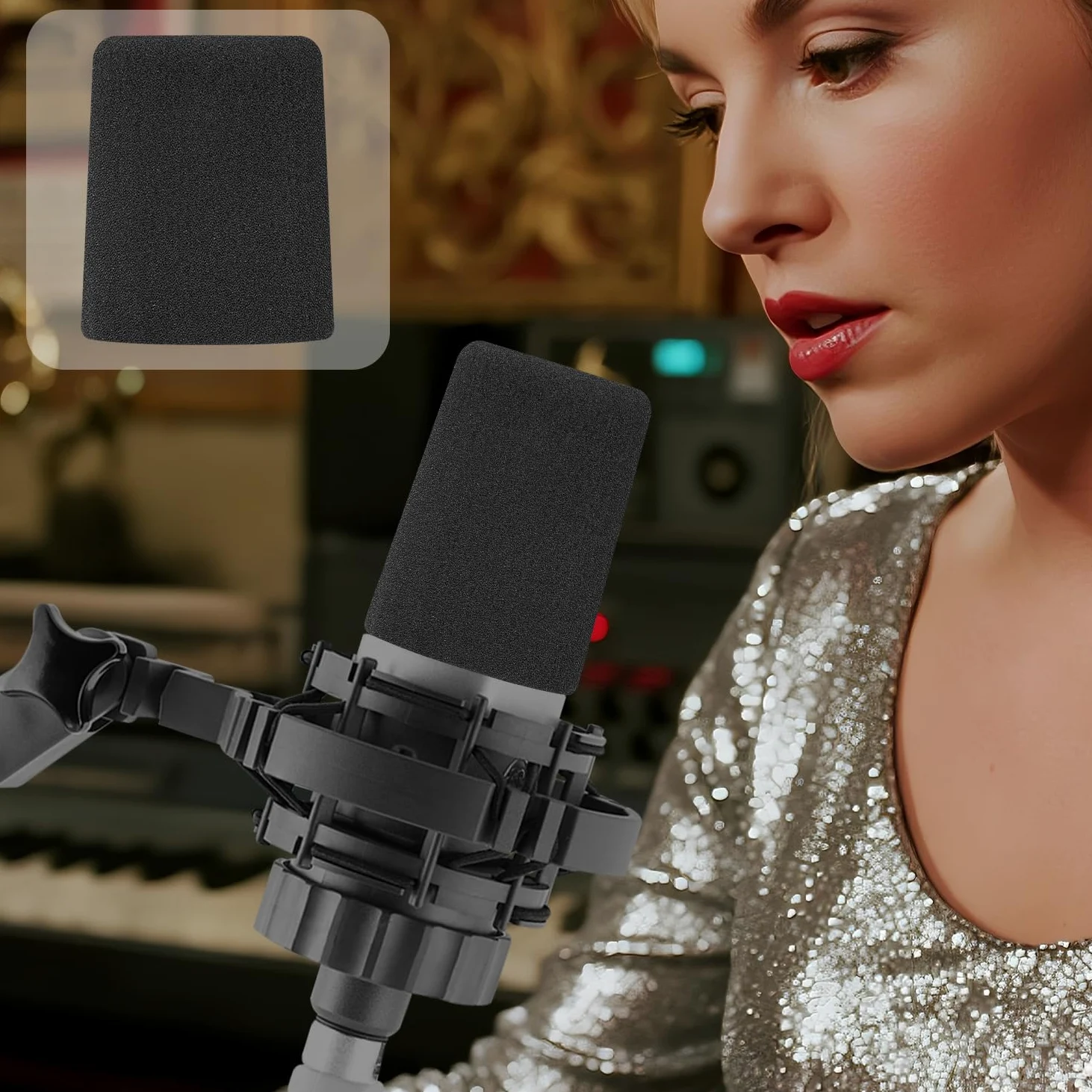 SOULWIT 2 pezzi Schiuma Microfono Pop Filter per AKG C214 Large-Diaphragm Condenser (C214d1), Protezione Copertura in Spugna Mic Parabrezza - Nero