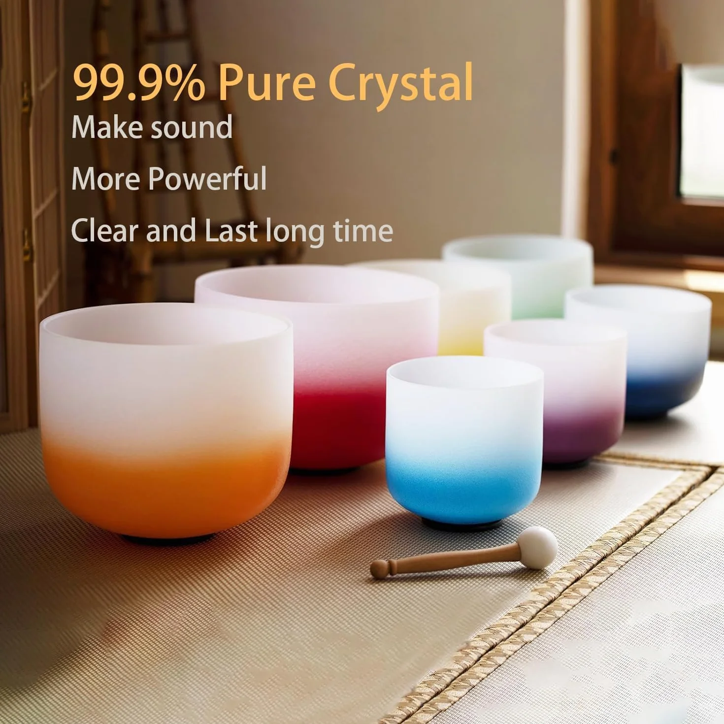 Hye-eun 7 campane tibetane in cristallo da 17,8 a 30,5 cm, 432 Hz, per yoga, meditazione, con custodia resistente (sfumato colore, 7 pezzi)