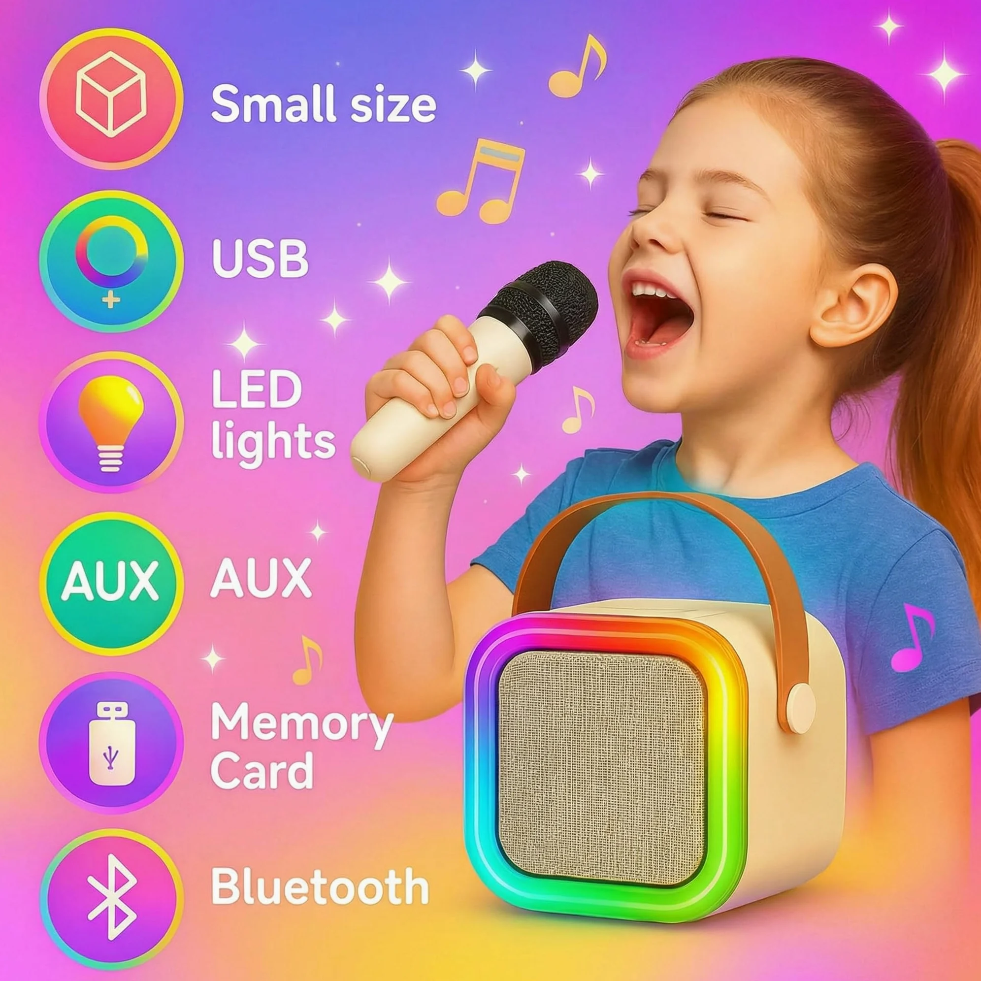 Karaoke con 2 microfoni senza fili. Karaoke portatile con altoparlante Bluetooth, luci LED e batteria ricaricabile. Giocattolo e regalo per bambini e adulti. Mini karaoke per bambini