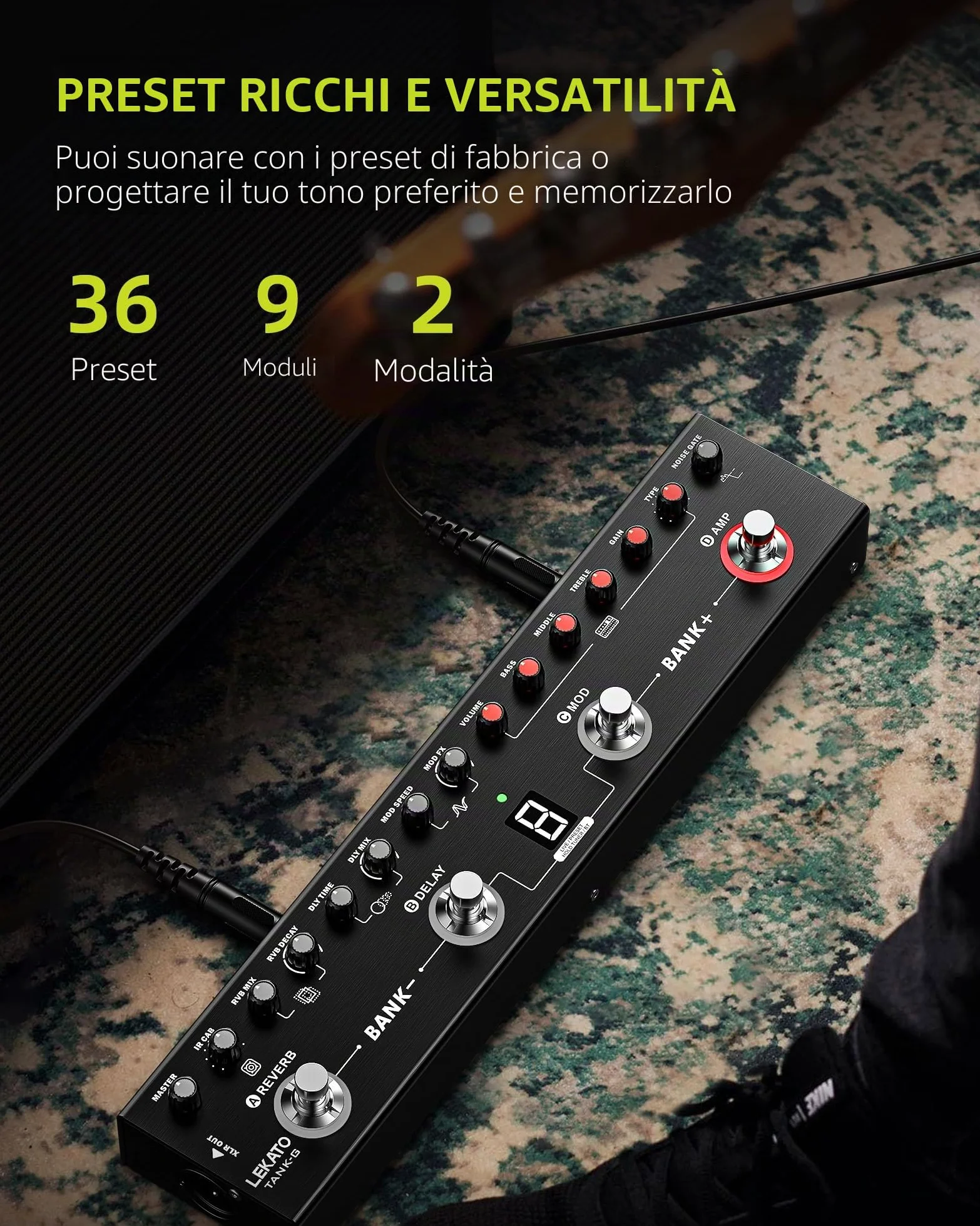LEKATO Pedale per chitarra multi-effetto, 36 preset modificabili, coro, delay, reverbo, MOD, ricarica IR, registrazione, batteria integrata, connessione BT