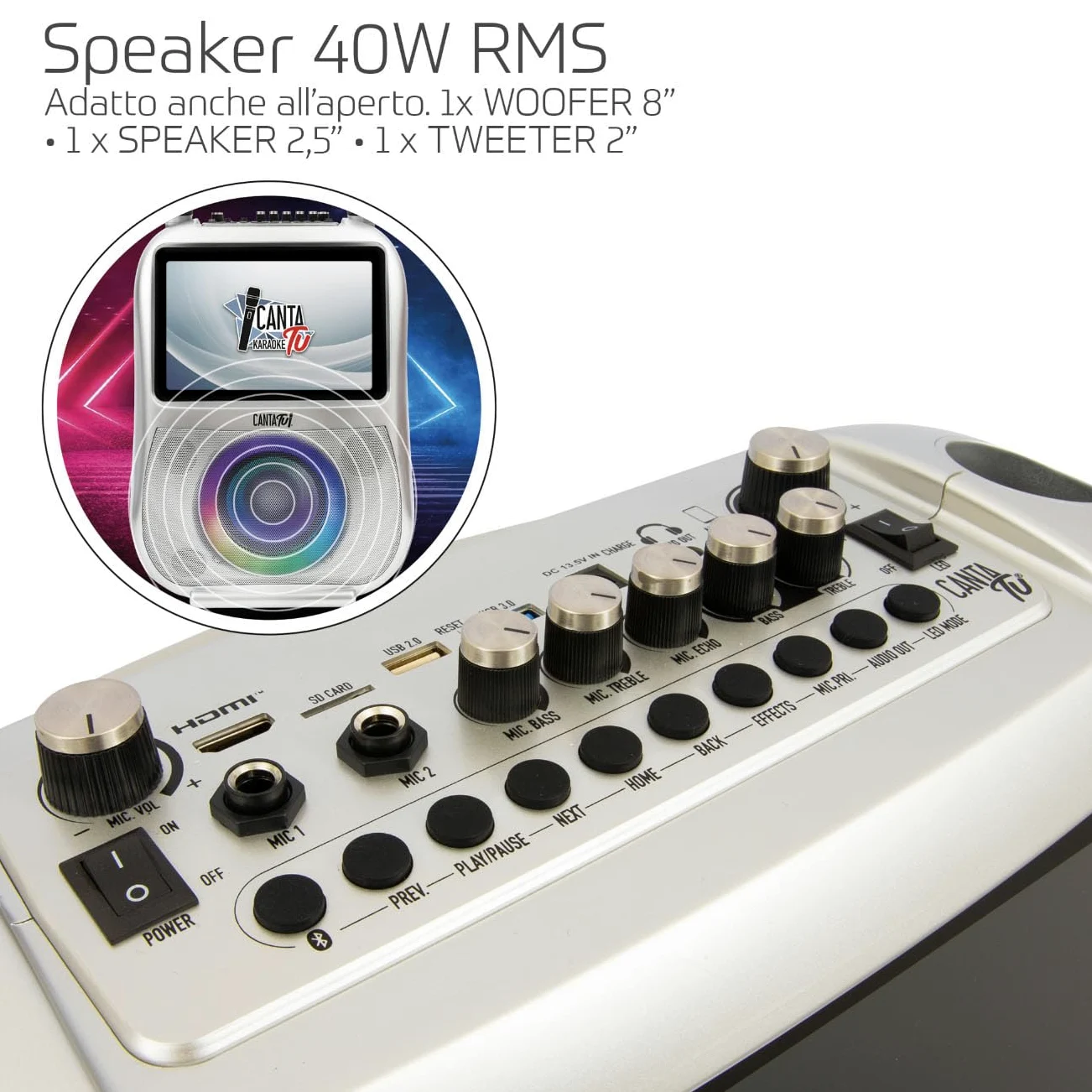 CANTA TU KARAOKE - PRO 2023 Professionale Completo con Microfono Wireless, Display Touch, Connessione Wi-Fi, Effetti Vocali, Luci LED, Batteria Ricaricabile, Voice Changer, Argento