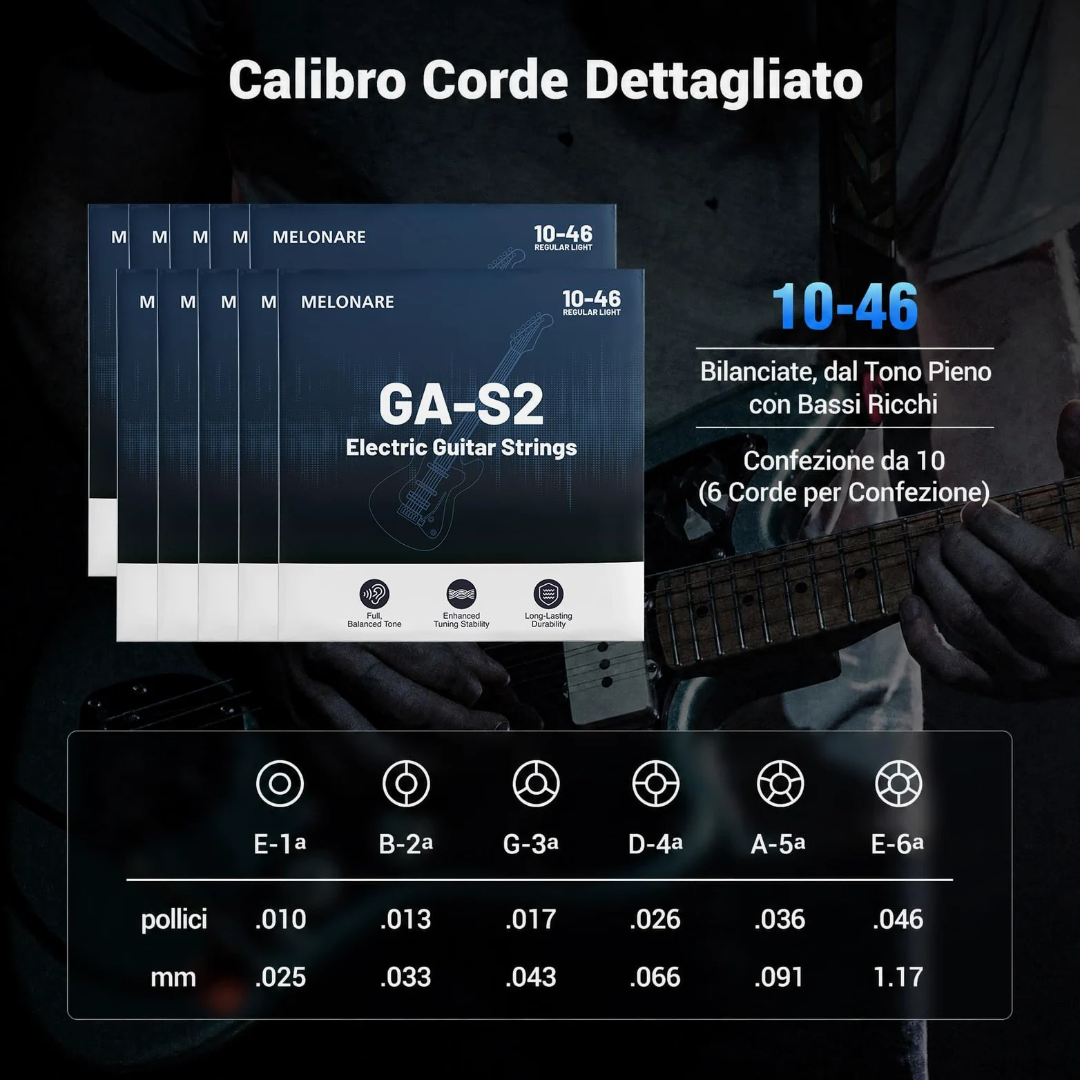 MELONARE Corde per chitarra elettrica, estremità a sfera, avvolgimento in acciaio nichelato, anima esagonale e rivestimento antiruggine, 10–46 Regular Light, confezione da 10 (GA-S2-10)