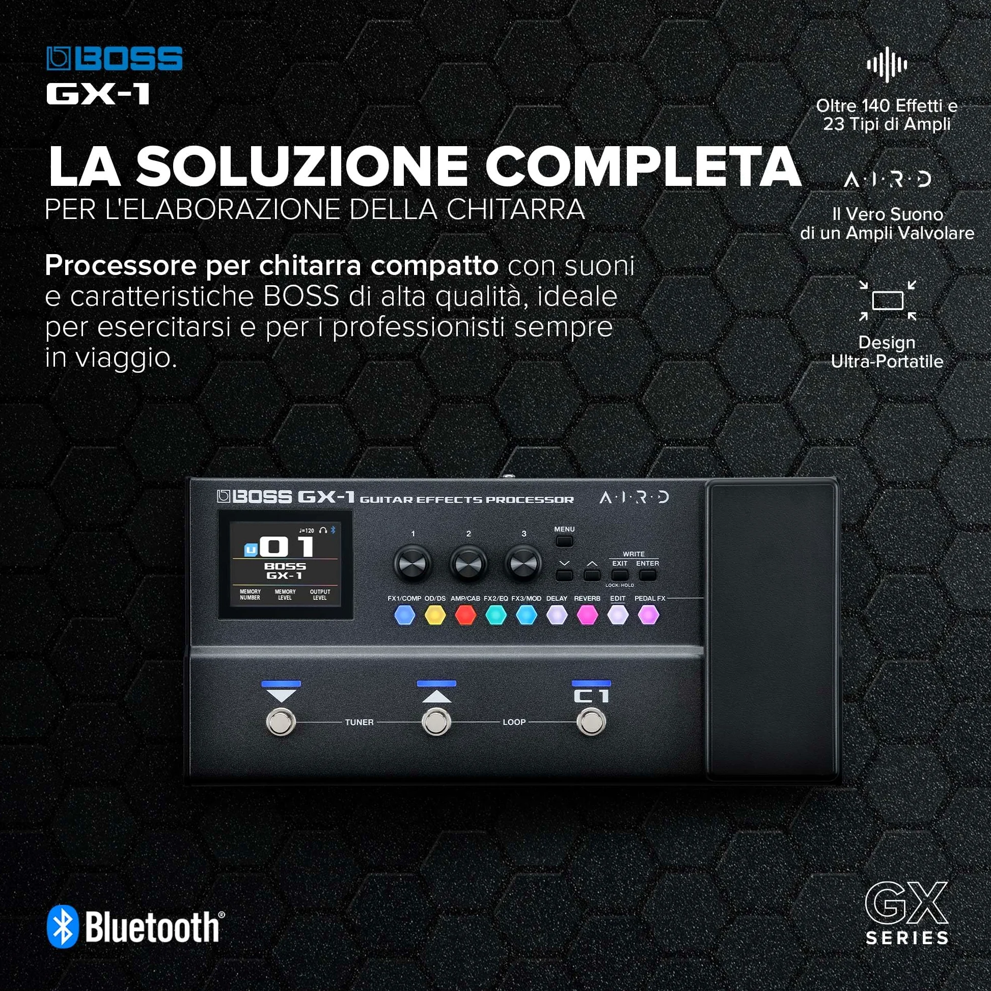 BOSS GX-1 | Processore di effetti per chitarra ultra-portatile | Ricco di ampli ed effetti iconici | Generatore sonoro AIRD di alta qualità | Ideale per i chitarristi principianti