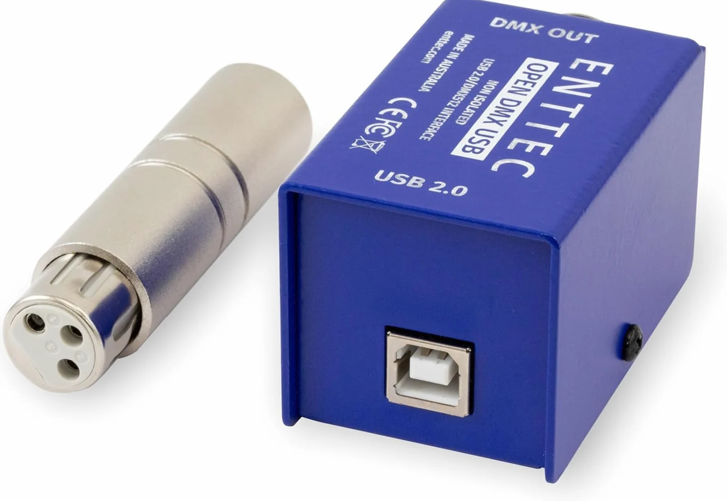 Enttec Open DMX USB 70303 - Controller widget per interfaccia di illuminazione (open source/hardware), con adattatore SIRS-E da 5 pin a XLR a 3 pin, con panno SIRS-E per la pulizia